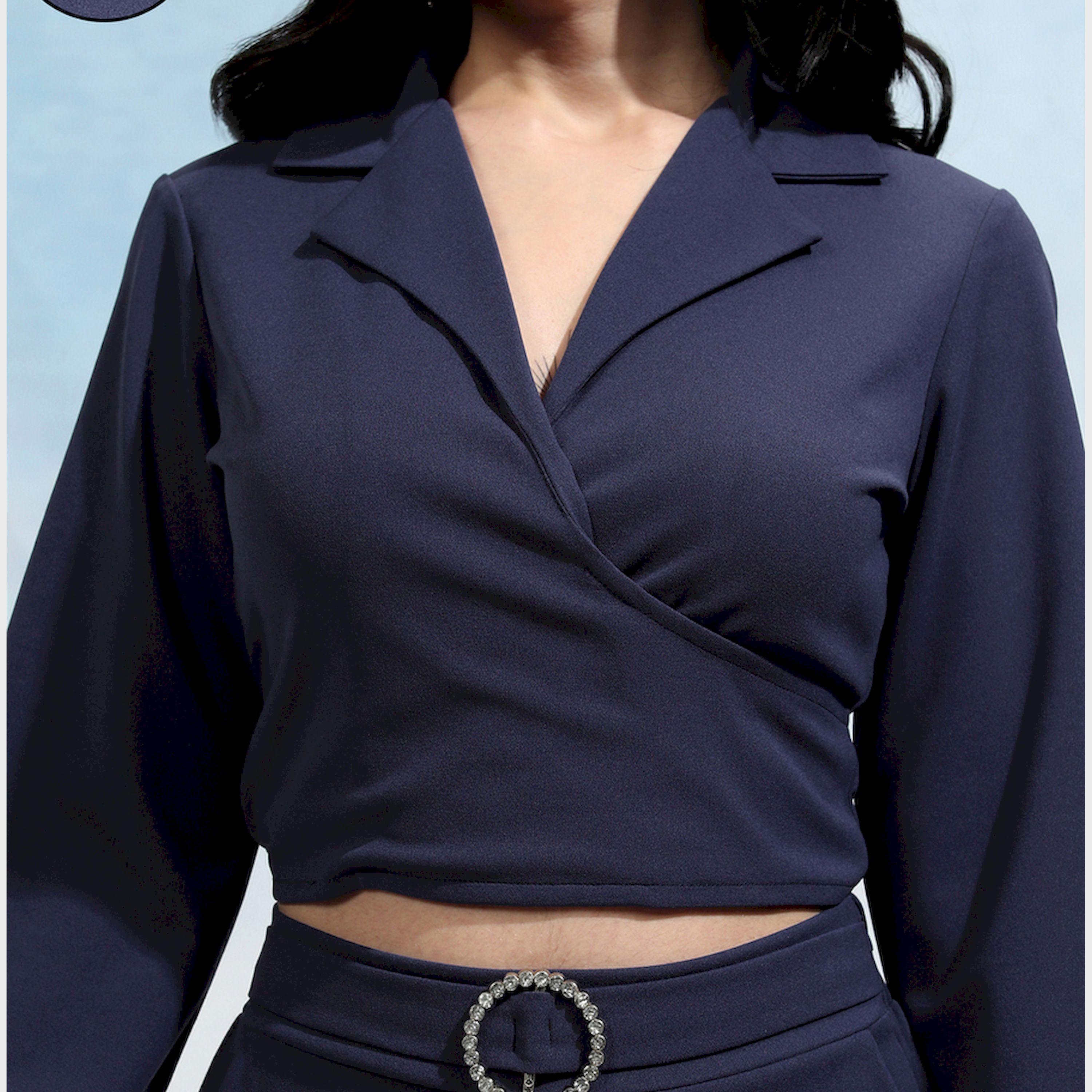 Tokyo Talkies X Styli Solid Wrap Notch Label Crop Top With Wide Leg Trousers Co-Ords-women-clothing-coordsets-image-6