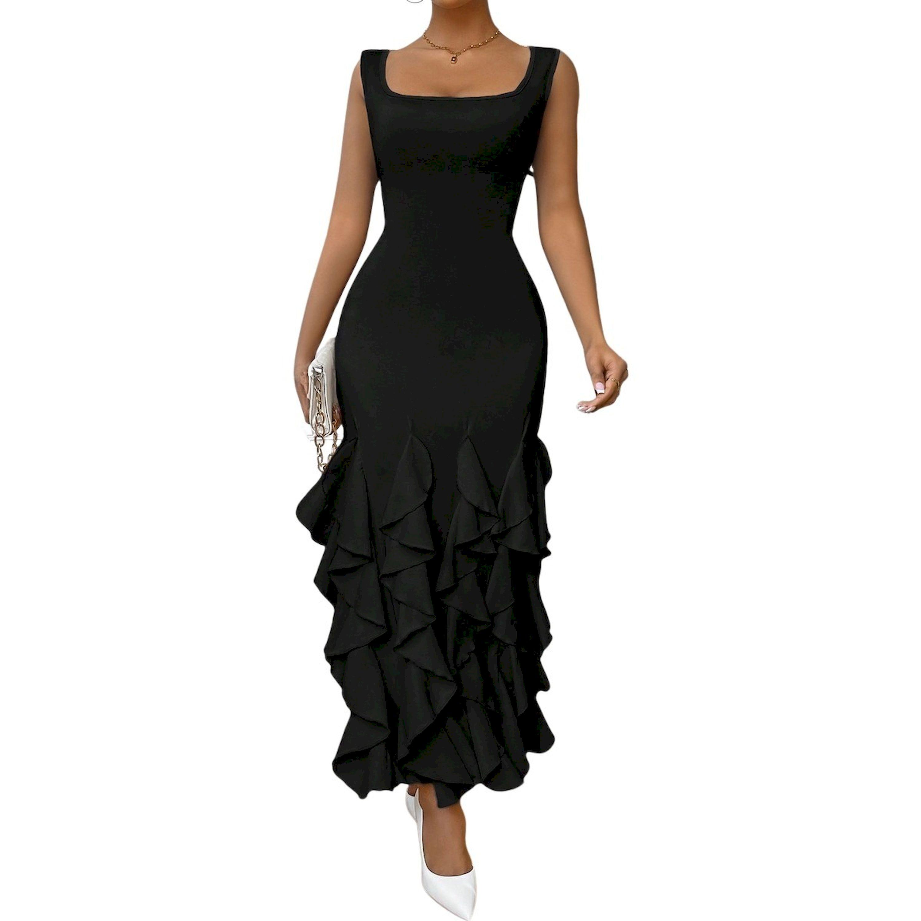 فستان طويل سادة بلا أكمام مع تفاصيل كشكش-women-clothing-dresses-image-1