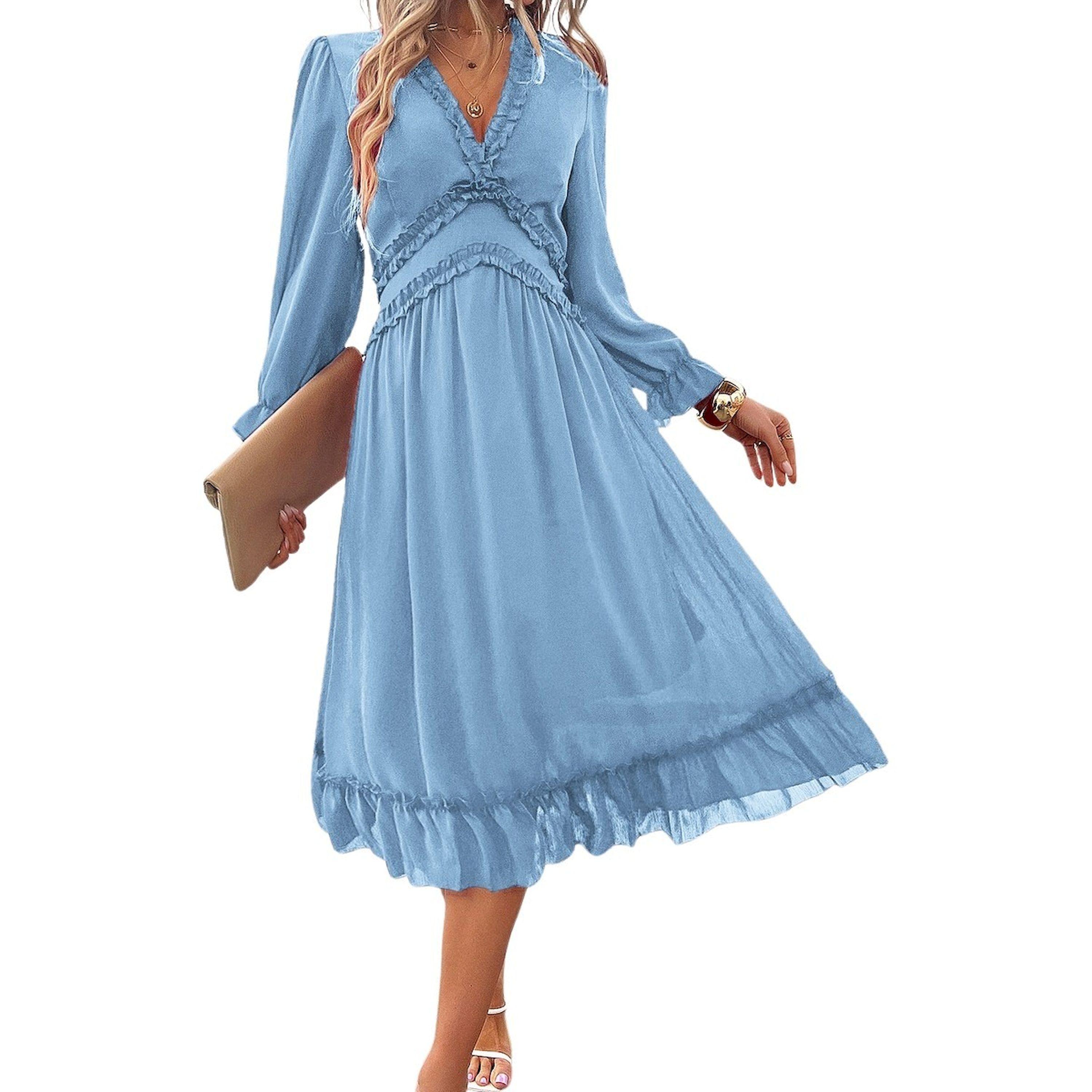 Take Two Flounce Detail Solid V Neck Midi Dress-women-clothing-dresses-image-1