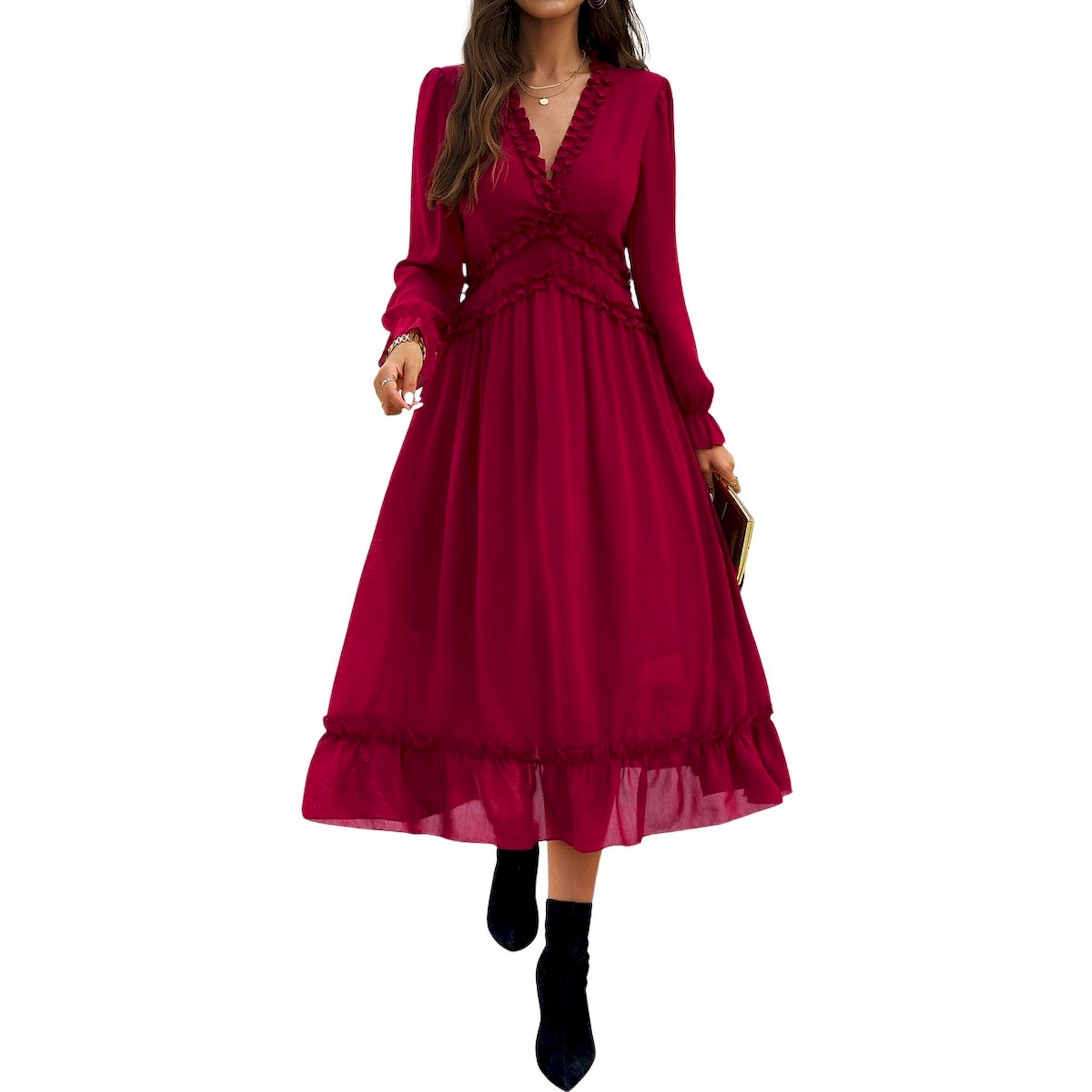فستان ميدي سادة بتفاصيل كشكش-women-clothing-dresses-image-1