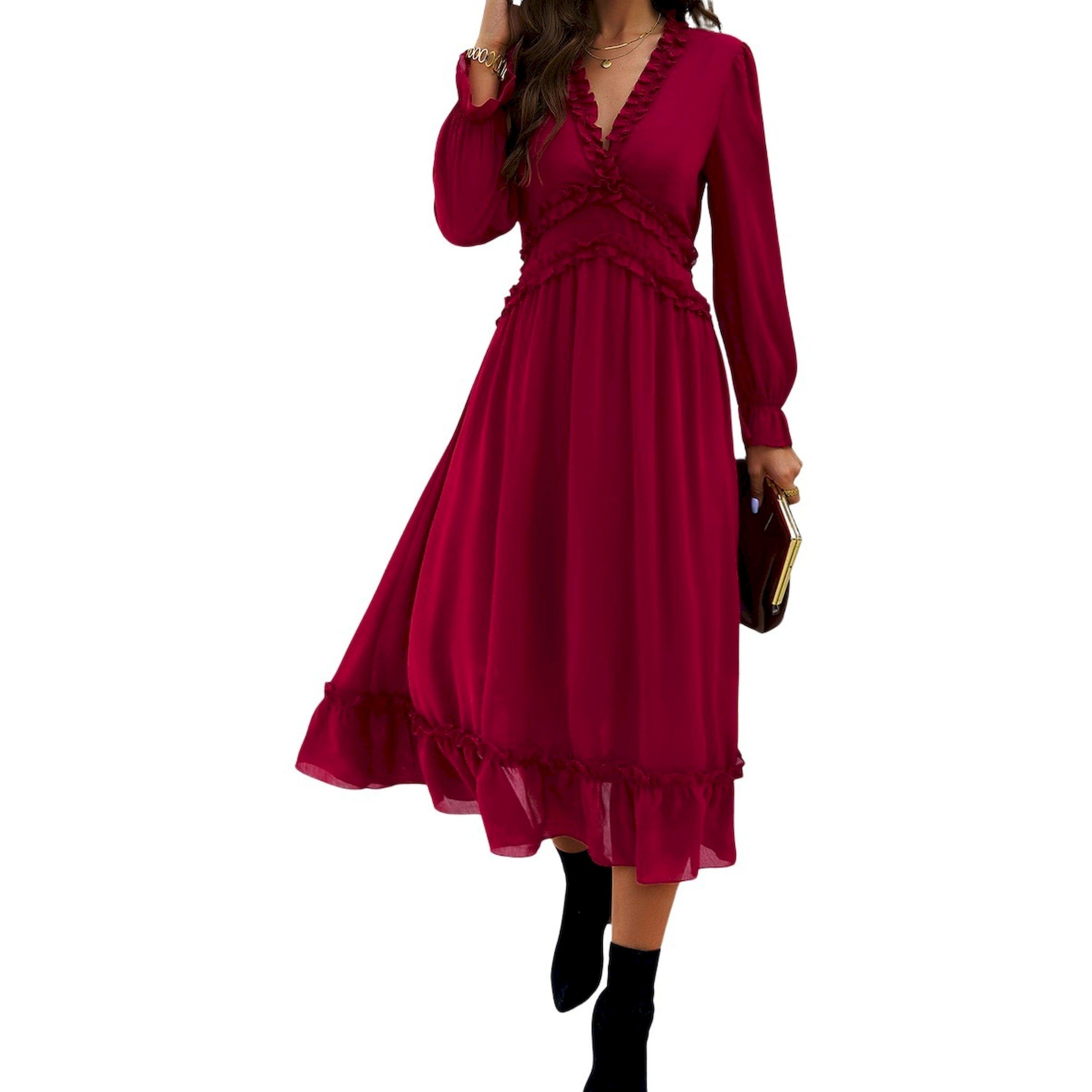 Take Two Flounce Detail Solid V Neck Midi Dress-women-clothing-dresses-image-5