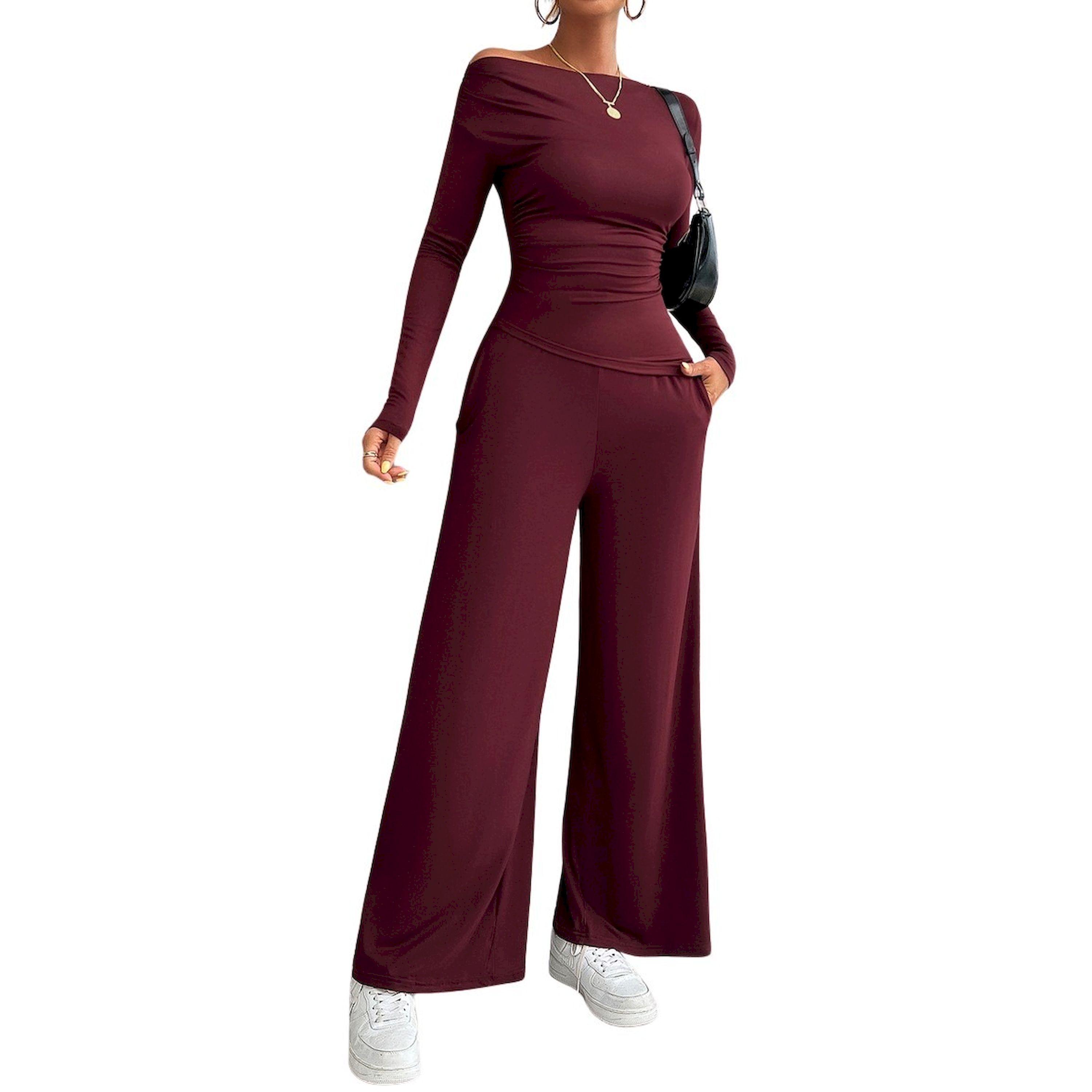 مجموعة من بنطال وبلوزة سادة بأكمام طويلة-women-clothing-coordsets-image-6