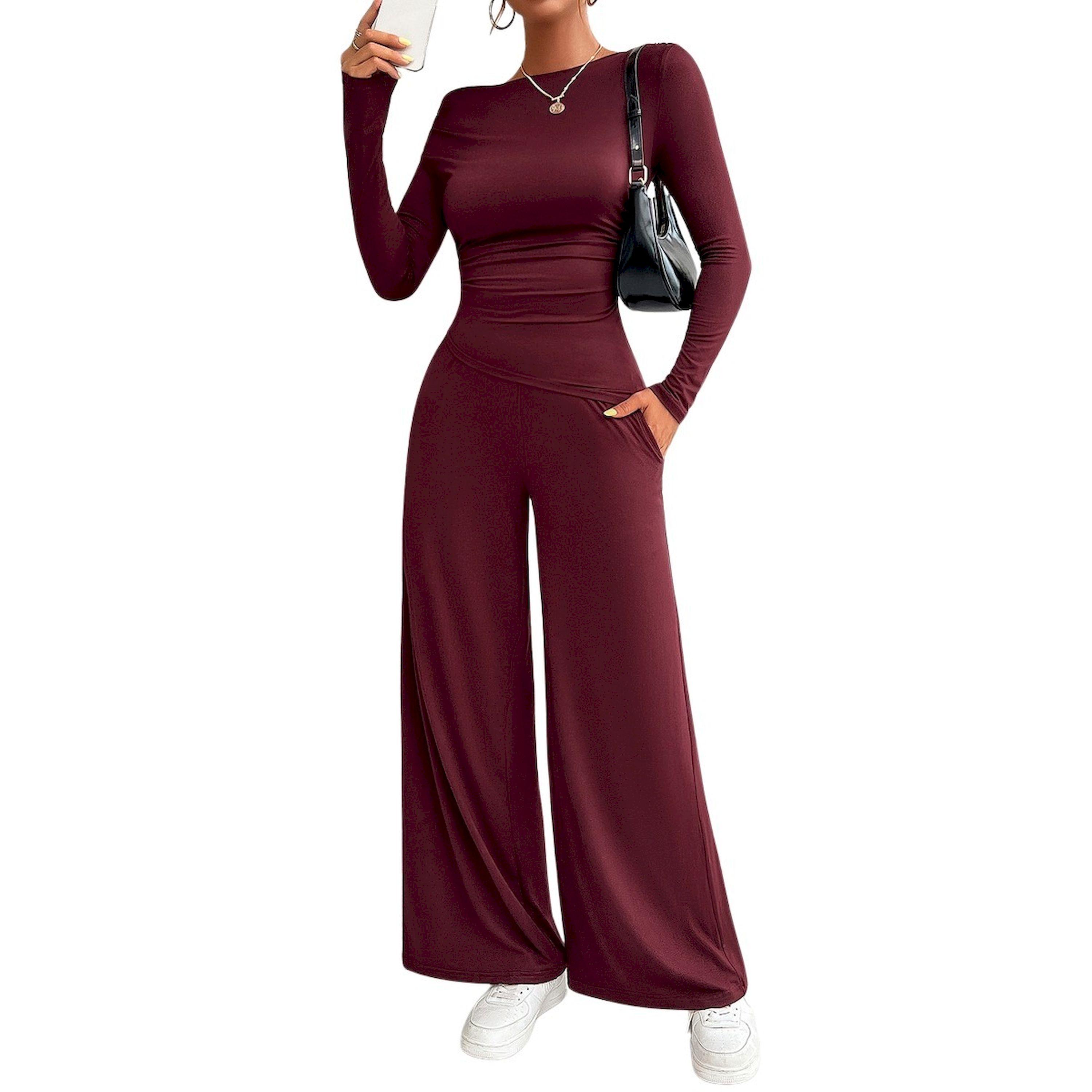 مجموعة من بنطال وبلوزة سادة بأكمام طويلة-women-clothing-coordsets-image-5