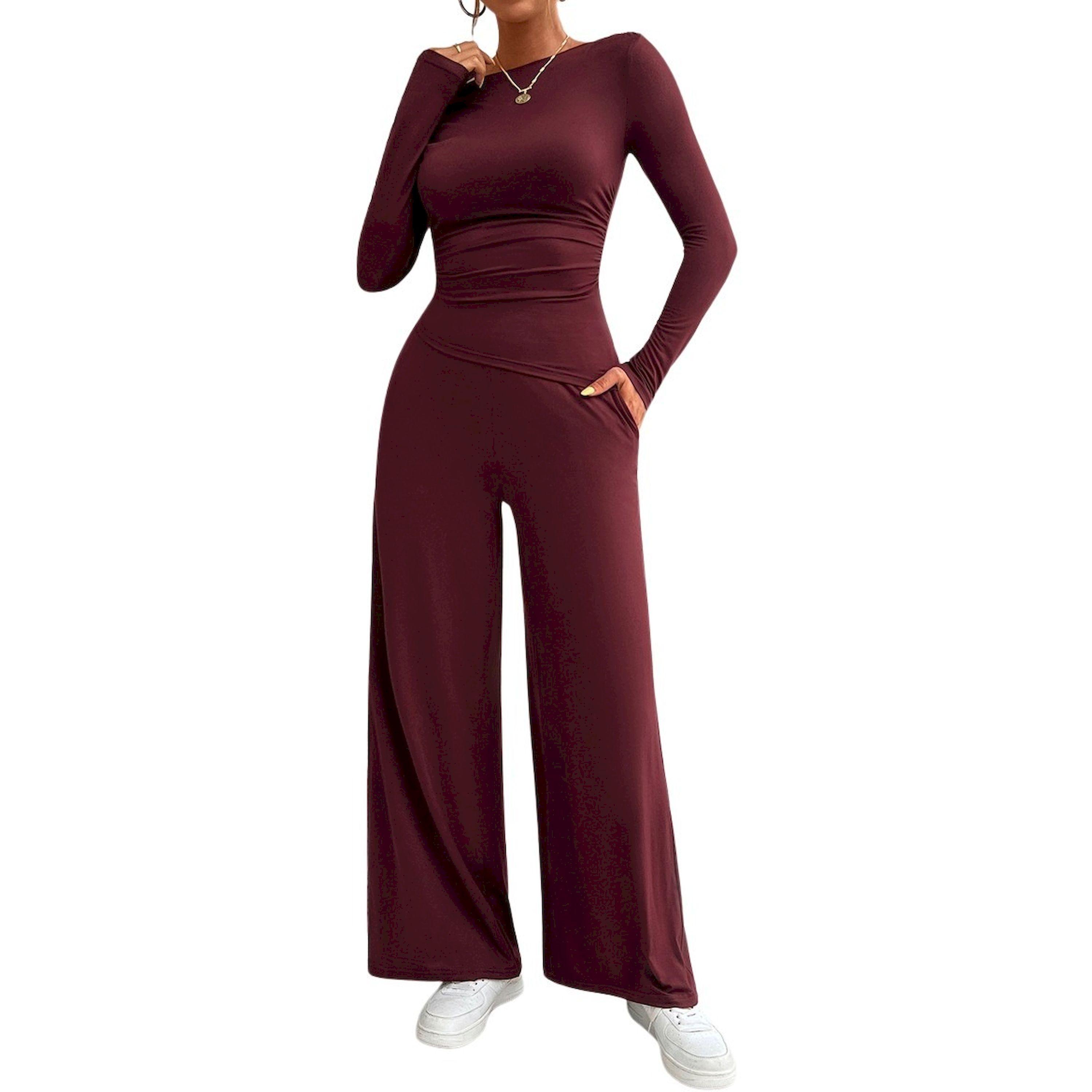 مجموعة من بنطال وبلوزة سادة بأكمام طويلة-women-clothing-coordsets-image-2