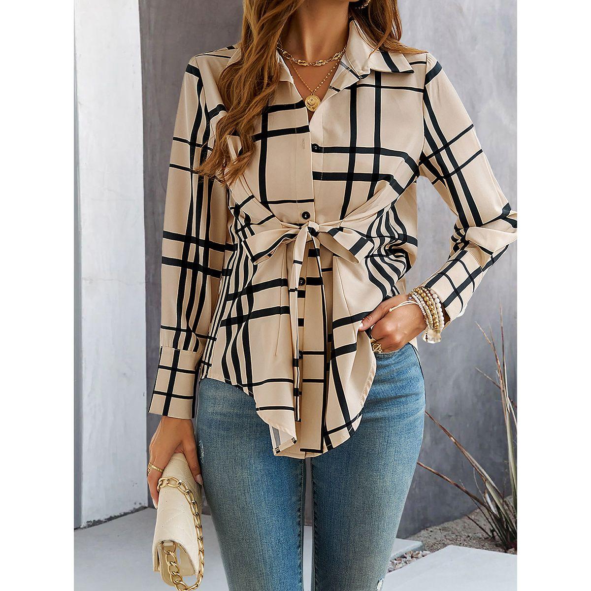 Styli Checked Pattern Front Knot Buttoned Shirt-women-clothing-shirtsandblouses-shirts-image-1