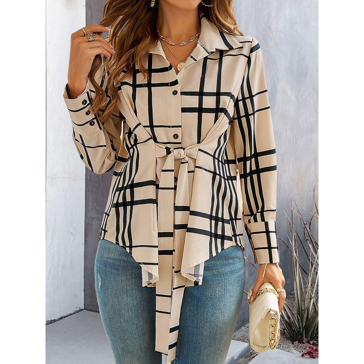 Styli Checked Pattern Front Knot Buttoned Shirt-women-clothing-shirtsandblouses-shirts-image-4