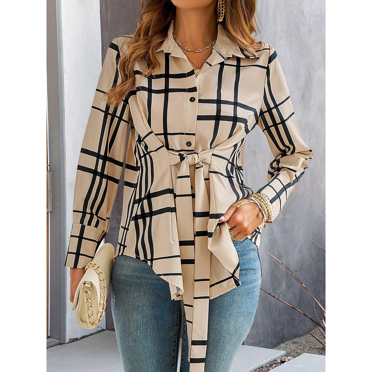 Styli Checked Pattern Front Knot Buttoned Shirt-women-clothing-shirtsandblouses-shirts-image-5