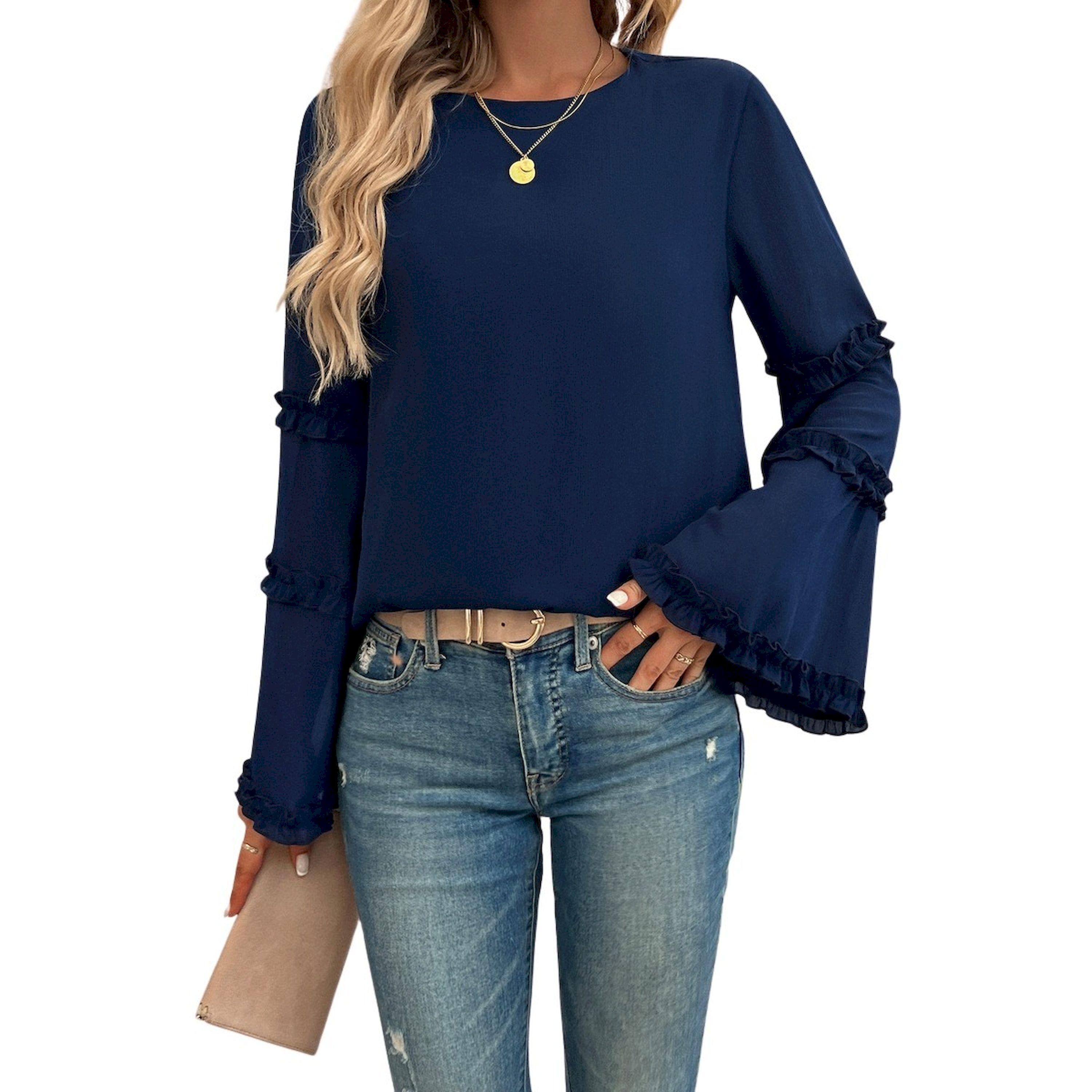 بلوزة سادة بياقة دائرية وأكمام طويلة-women-clothing-shirtsandblouses-blouses-image-1