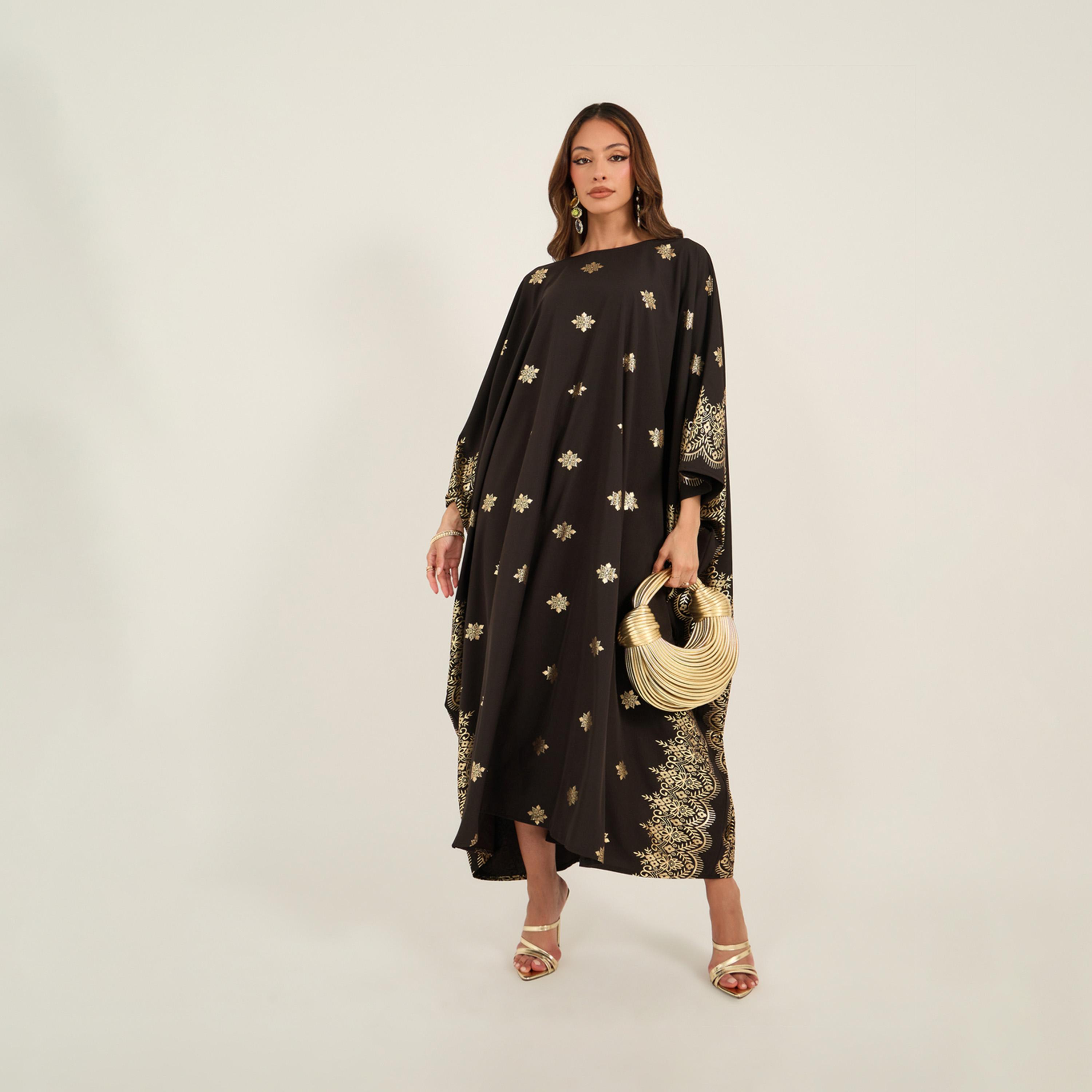 KL X Styli Foil Print Batwing Sleeve Round Neck Kaftan-women-arabicclothing-kaftan-image-1