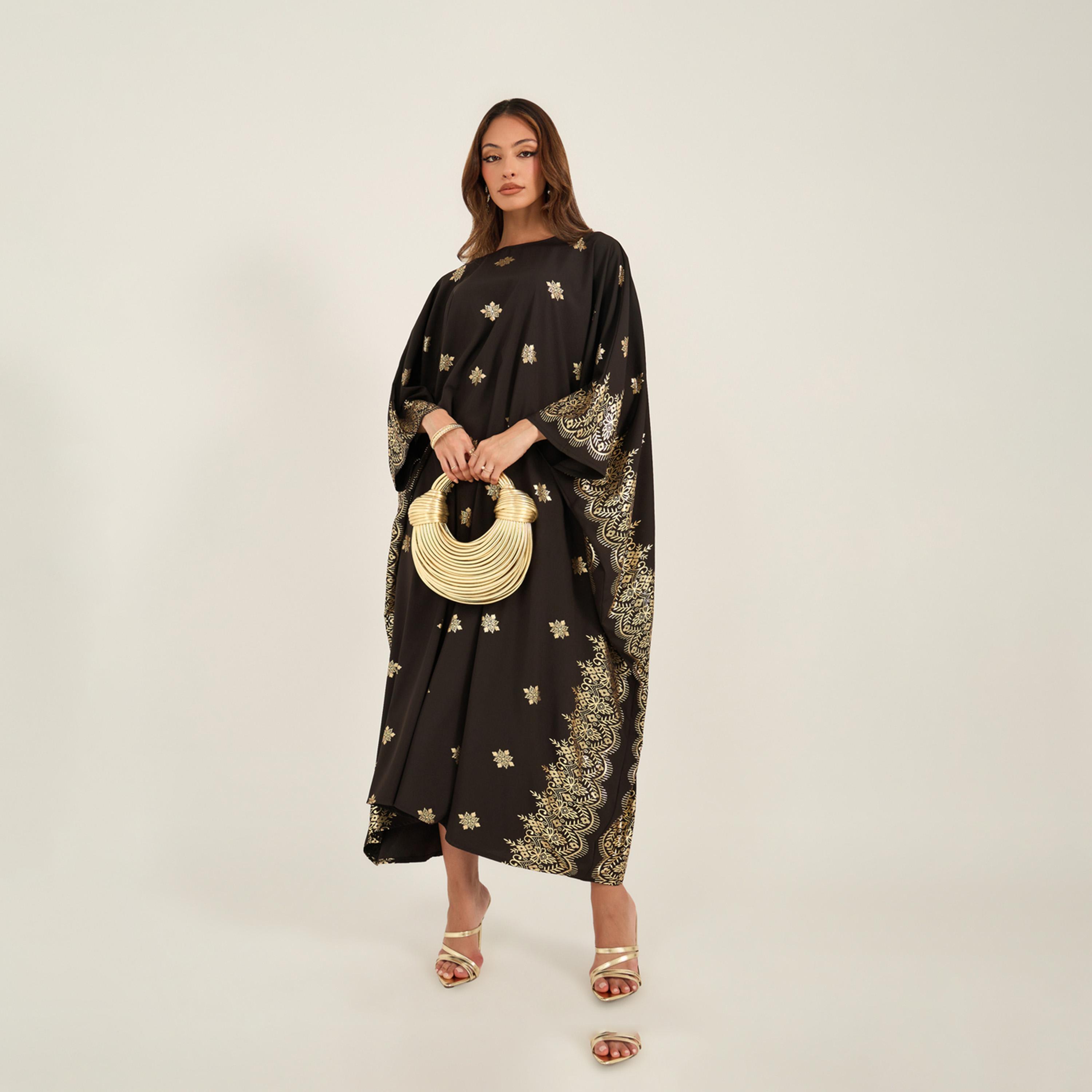 كي ال × ستايلي - قفطان بطبعة فويل مع أكمام أجنحة الخفاش ورقبة دائرية-women-arabicclothing-kaftan-image-2