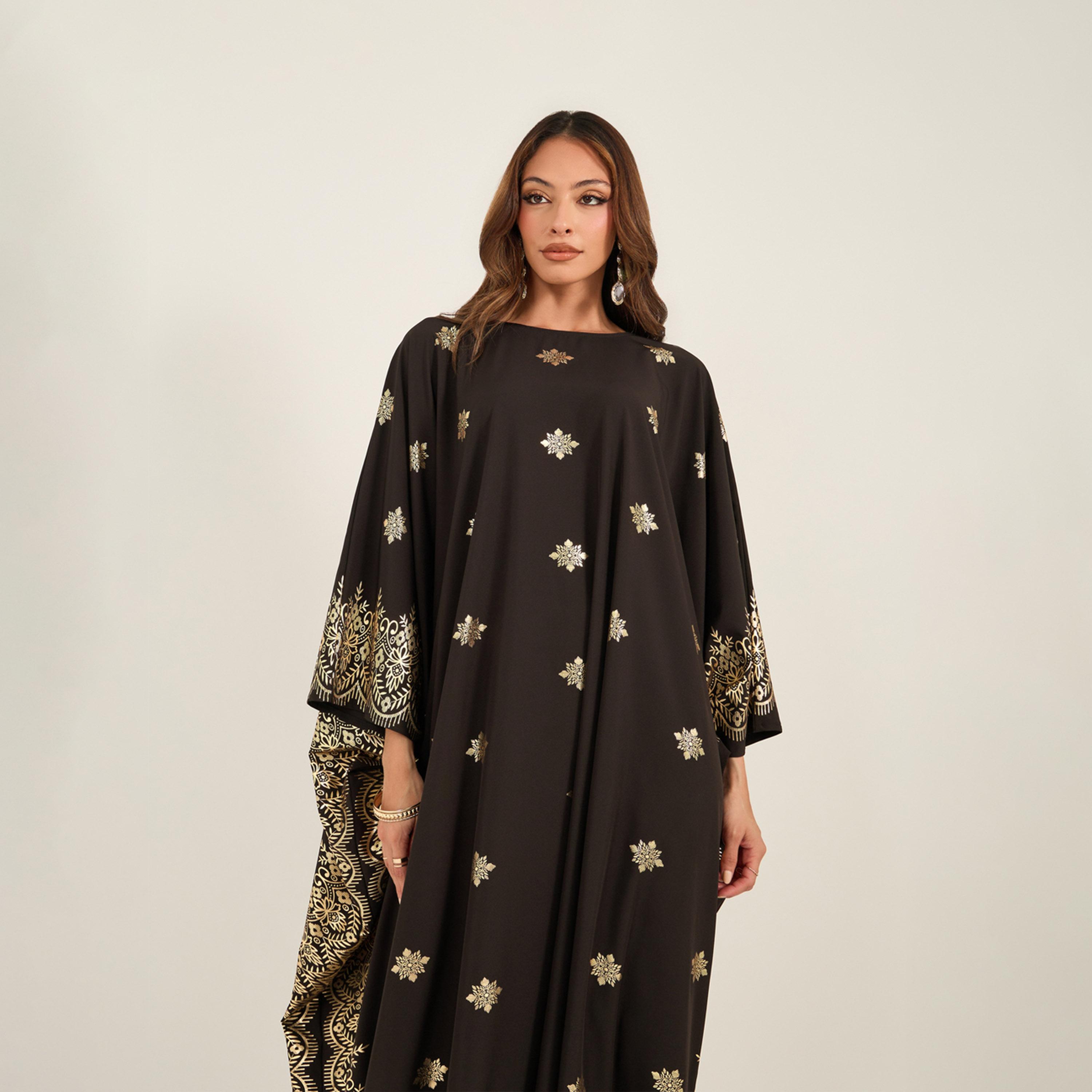 كي ال × ستايلي - قفطان بطبعة فويل مع أكمام أجنحة الخفاش ورقبة دائرية-women-arabicclothing-kaftan-image-3