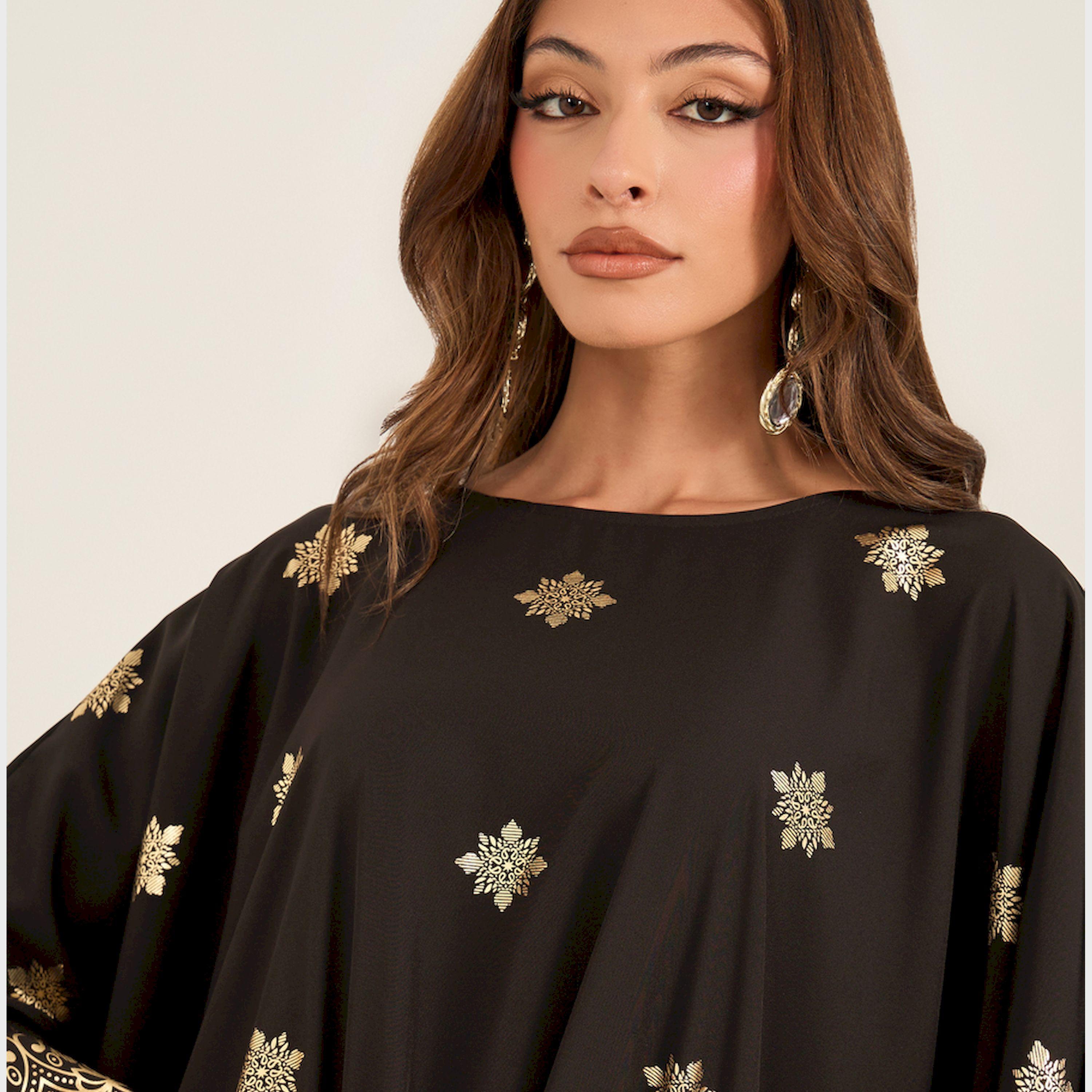 KL X Styli Foil Print Batwing Sleeve Round Neck Kaftan-women-arabicclothing-kaftan-image-4