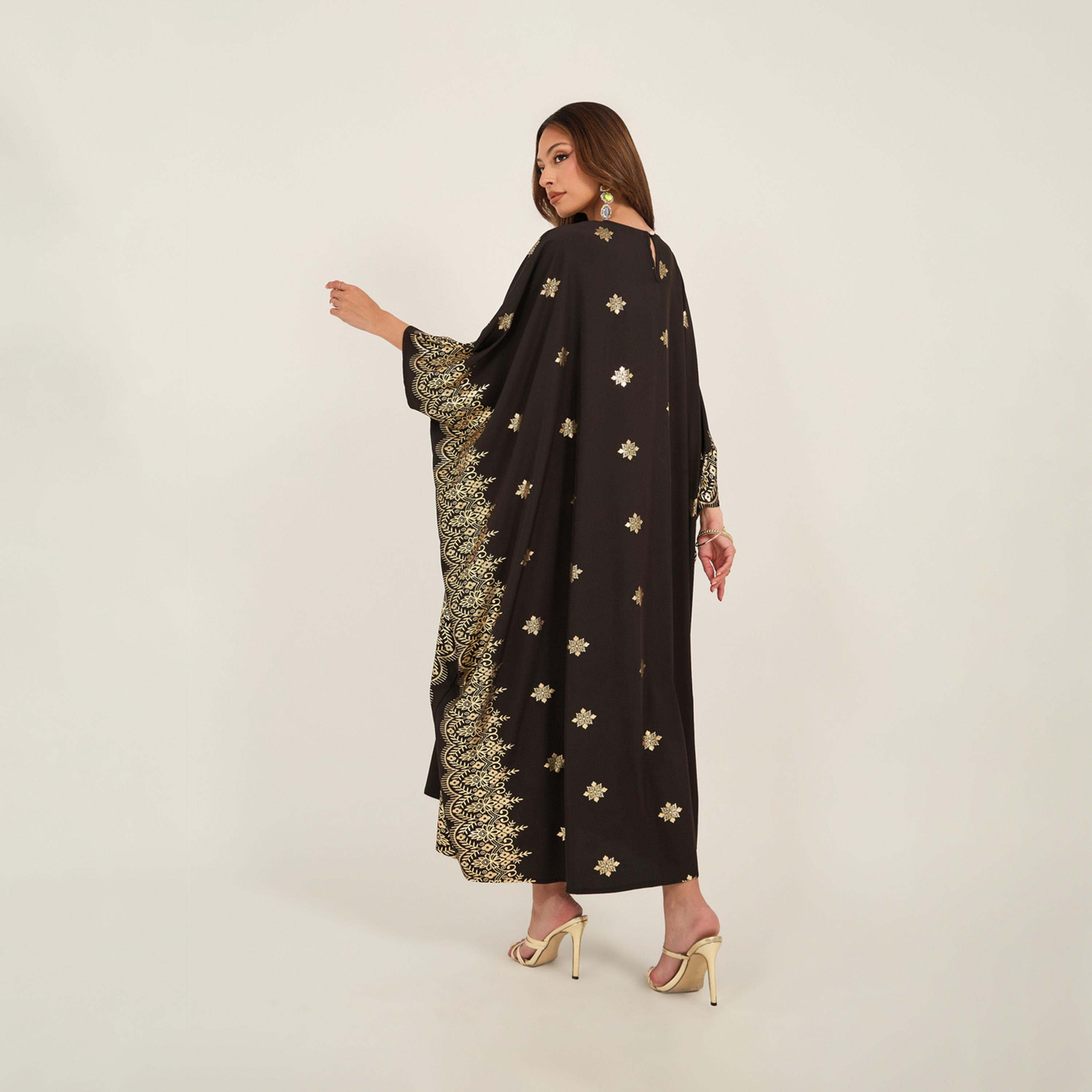 KL X Styli Foil Print Batwing Sleeve Round Neck Kaftan-women-arabicclothing-kaftan-image-6