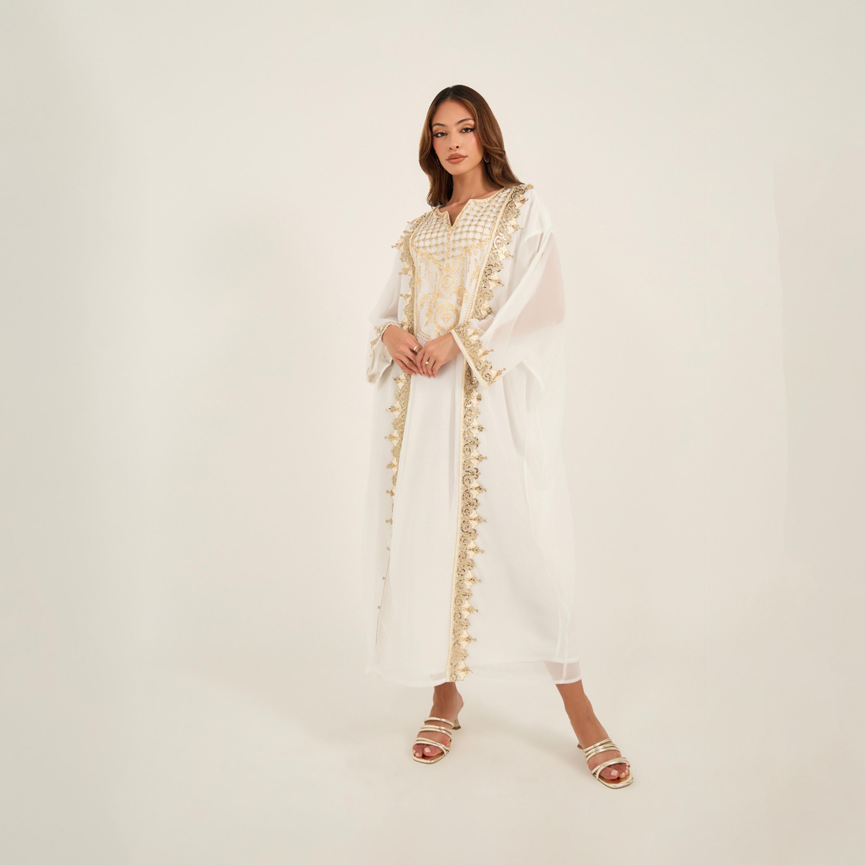 KL X Styli Embroidered Lace Detail Notch Neck Jalabiya-women-arabicclothing-kaftan-image-1