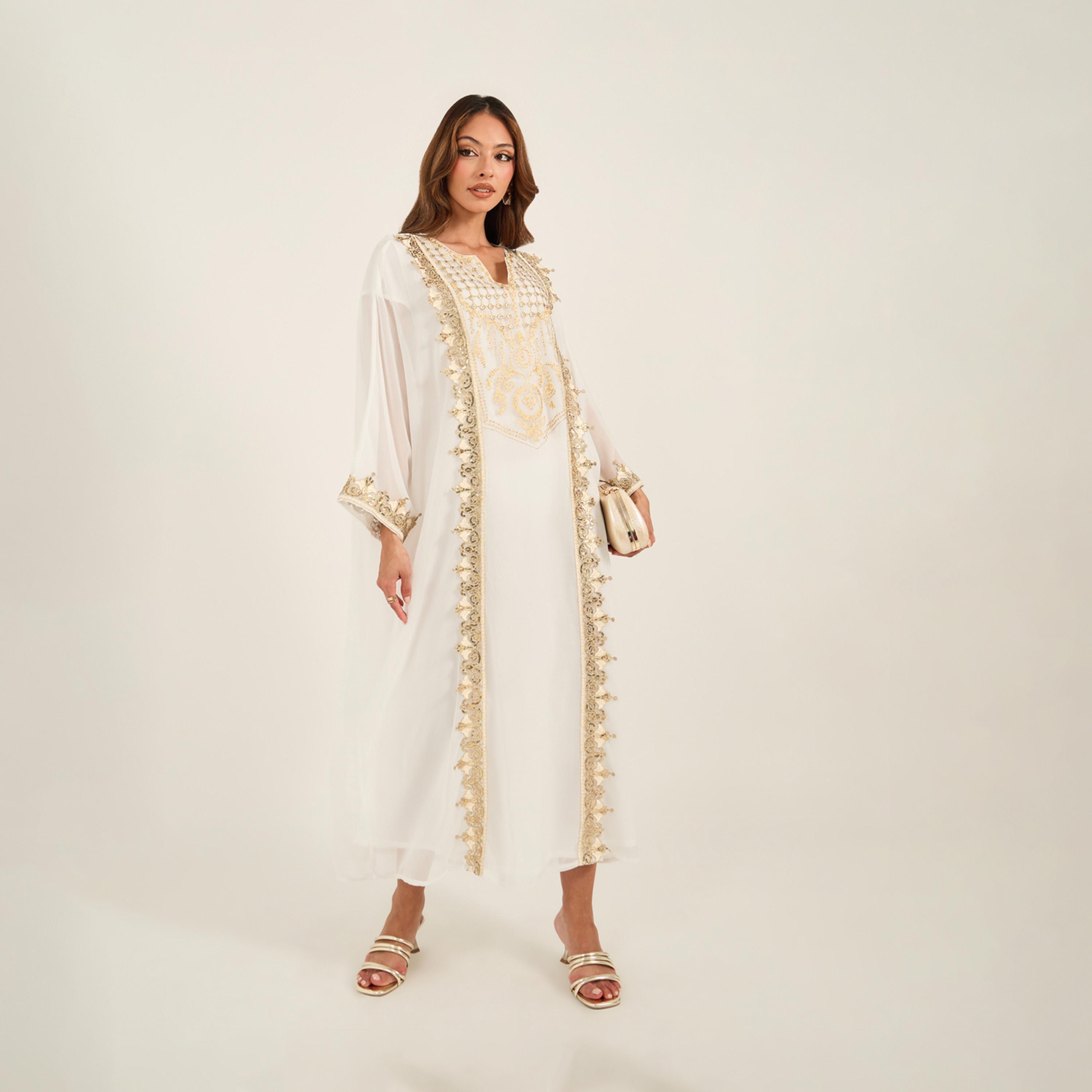 KL X Styli Embroidered Lace Detail Notch Neck Jalabiya-women-arabicclothing-kaftan-image-2