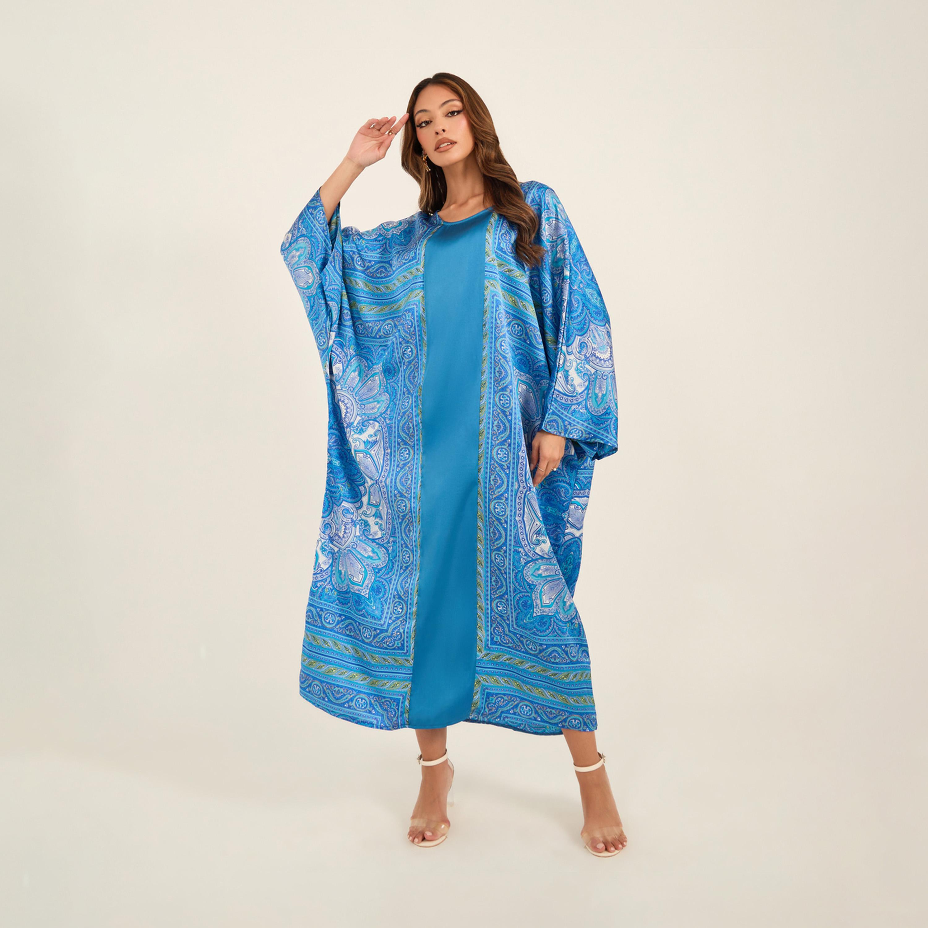 كي ال × ستايلي - قفطان ساتان مطبوع برقبة دائرية-women-arabicclothing-kaftan-image-5
