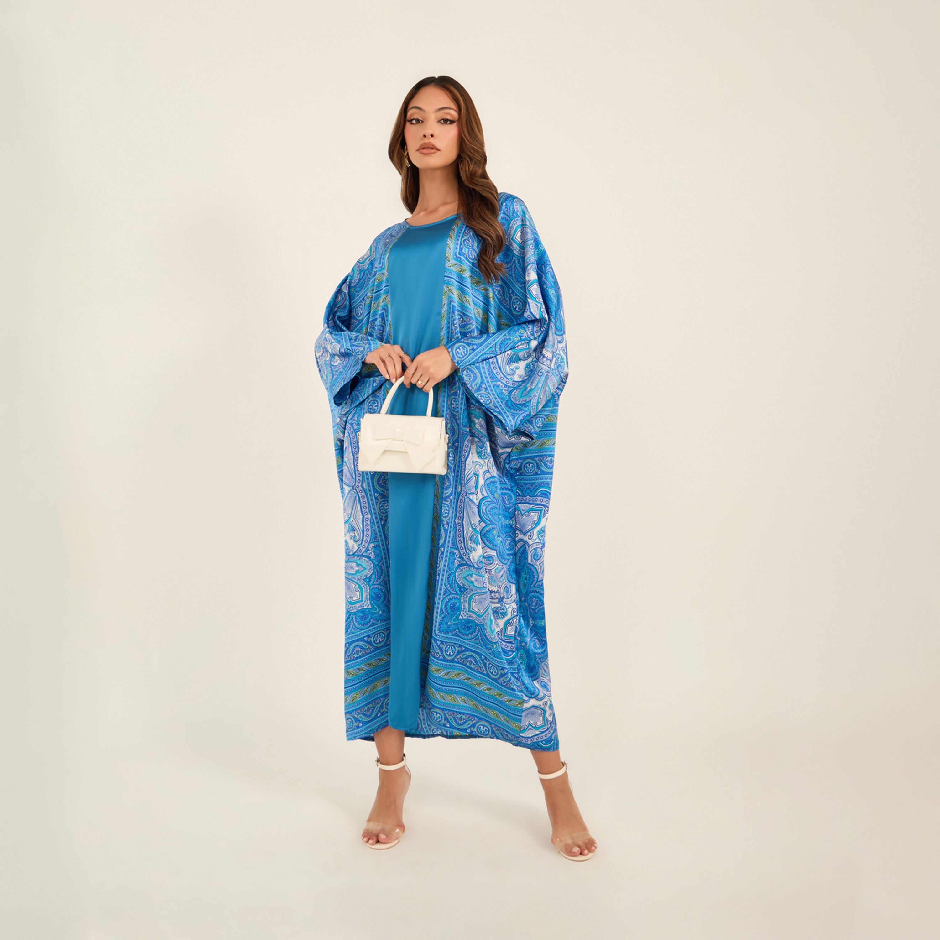 KL X Styli Printed Satin Round Neck Kaftan-women-arabicclothing-kaftan-image-2