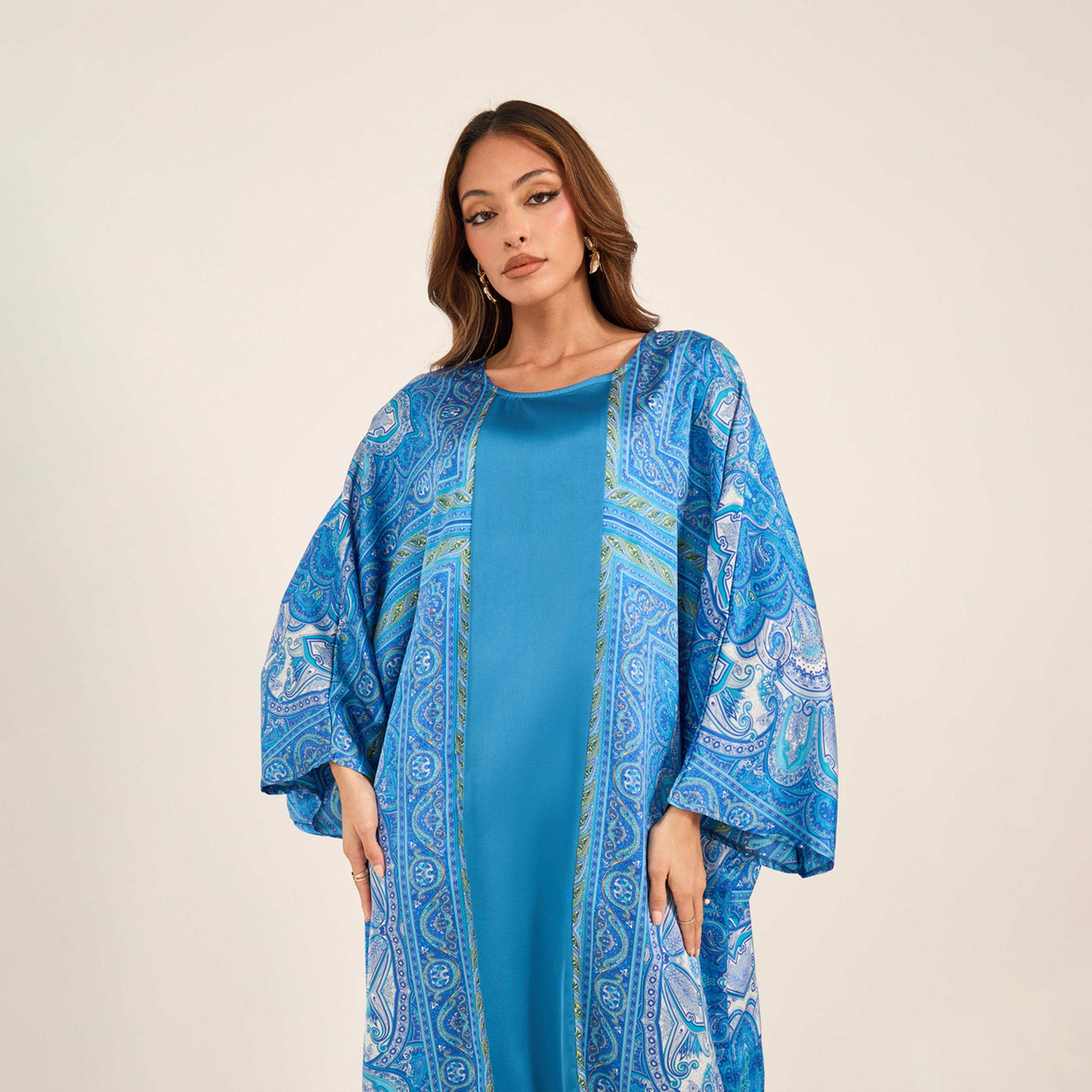 KL X Styli Printed Satin Round Neck Kaftan-women-arabicclothing-kaftan-image-3