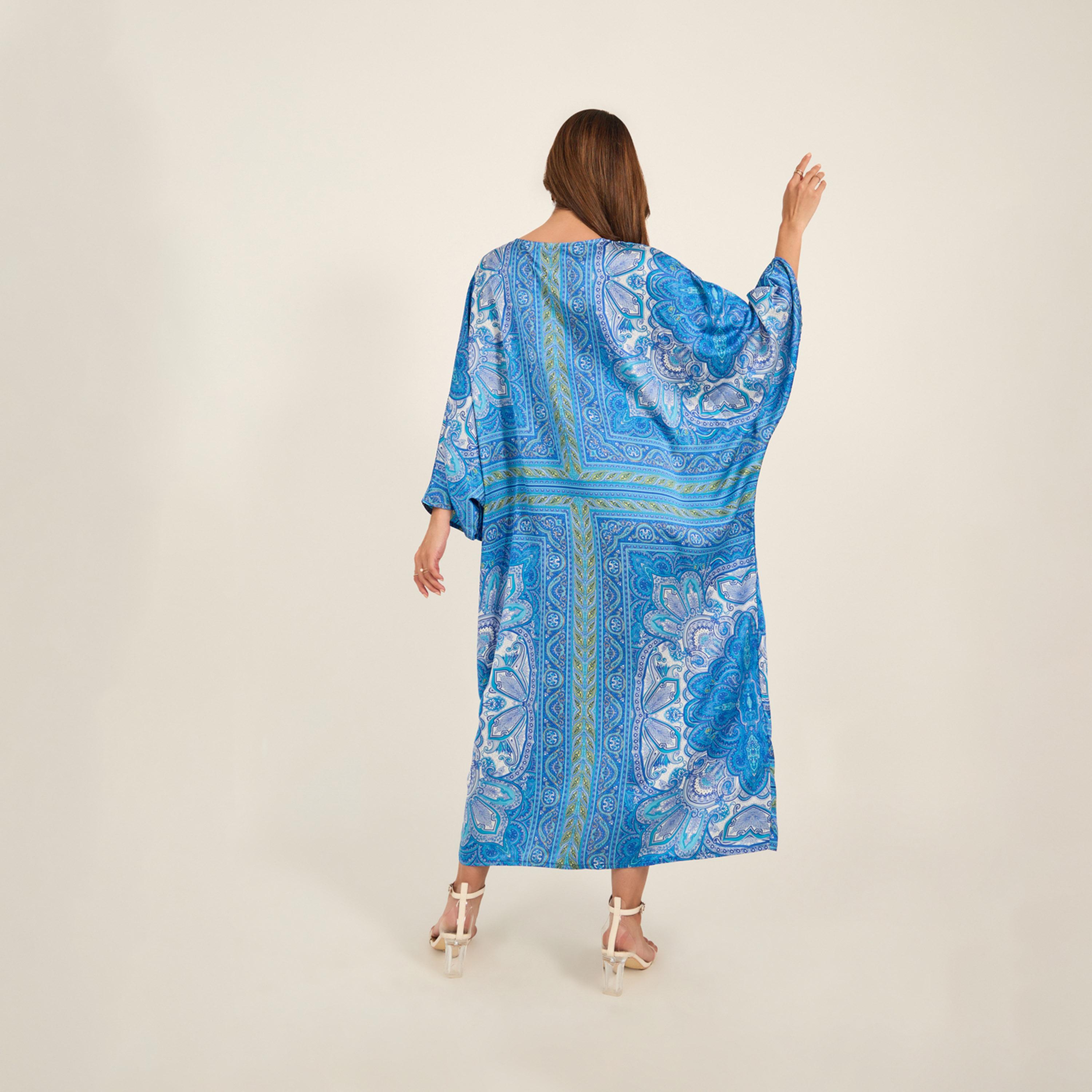كي ال × ستايلي - قفطان ساتان مطبوع برقبة دائرية-women-arabicclothing-kaftan-image-1