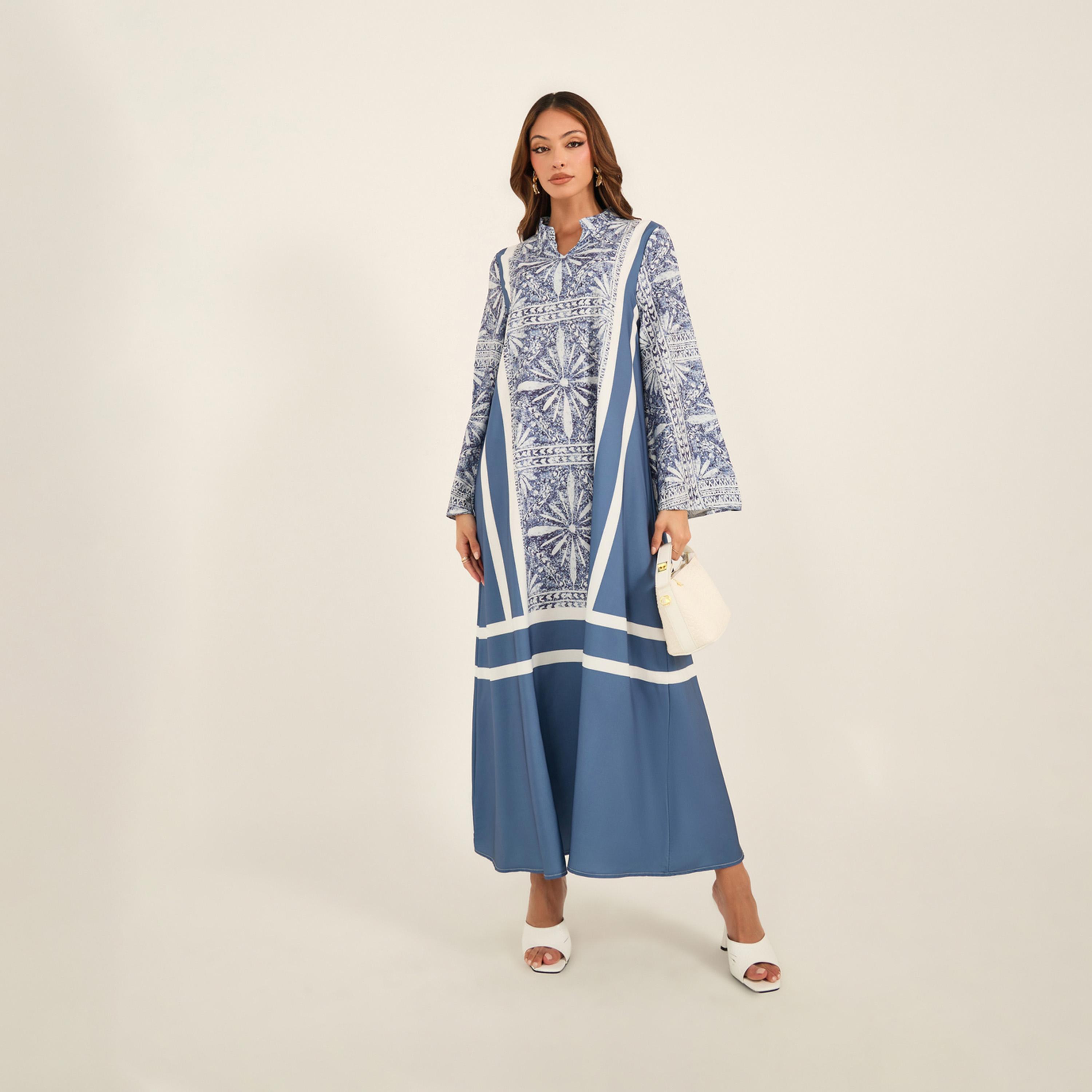 KL X Styli All-Over Print Notch Neck Flared Kaftan-women-arabicclothing-kaftan-image-1