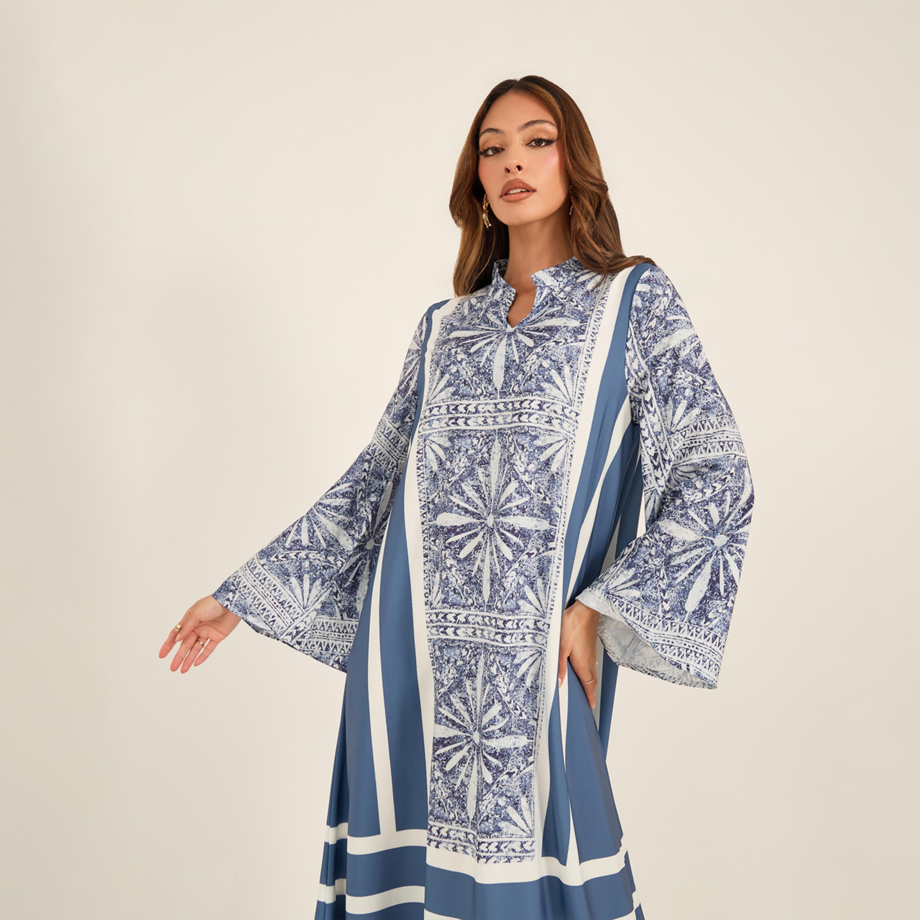 كي ال × ستايلي - قفطان بطبعة كاملة وفتحة رقبة واسعة-women-arabicclothing-kaftan-image-3