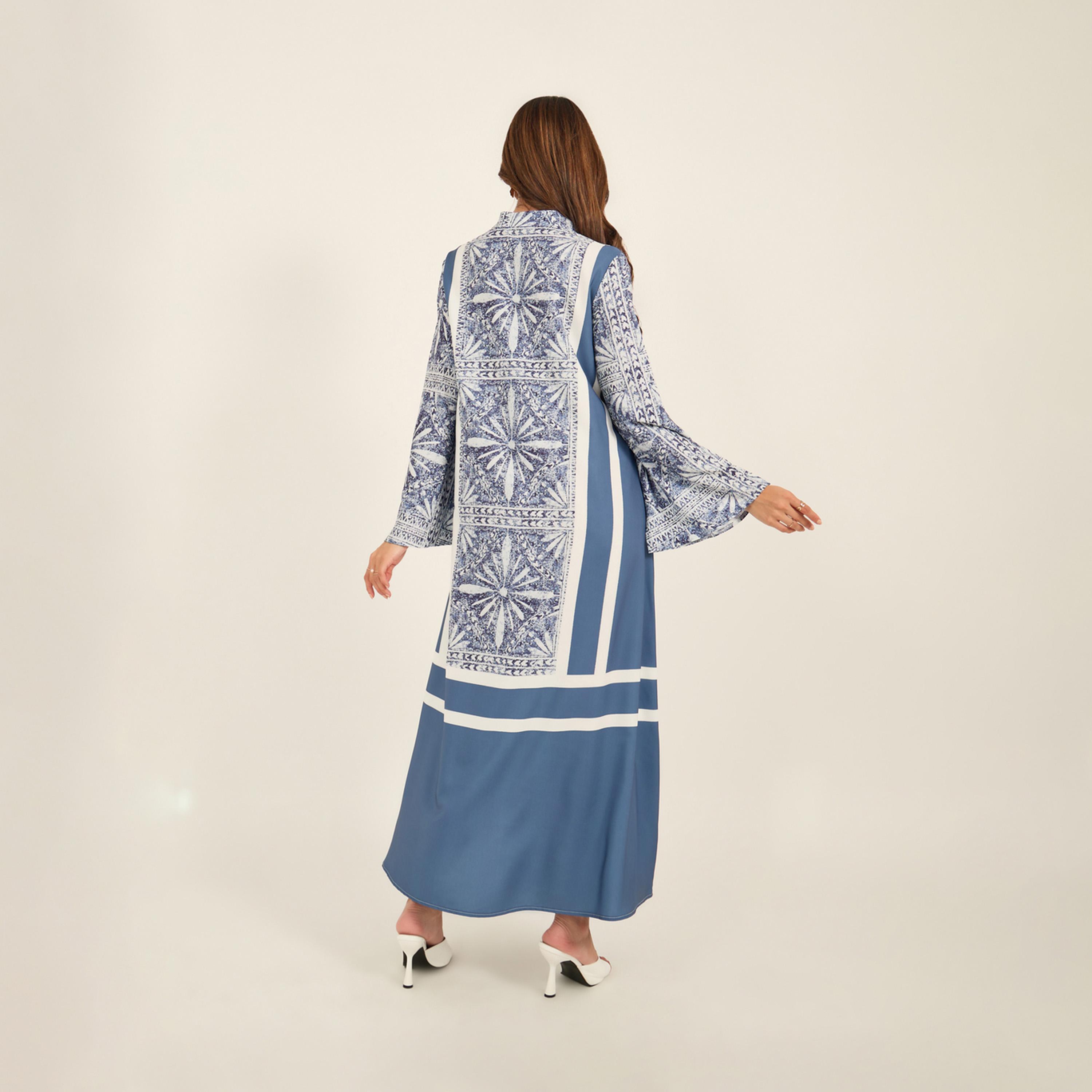 KL X Styli All-Over Print Notch Neck Flared Kaftan-women-arabicclothing-kaftan-image-6