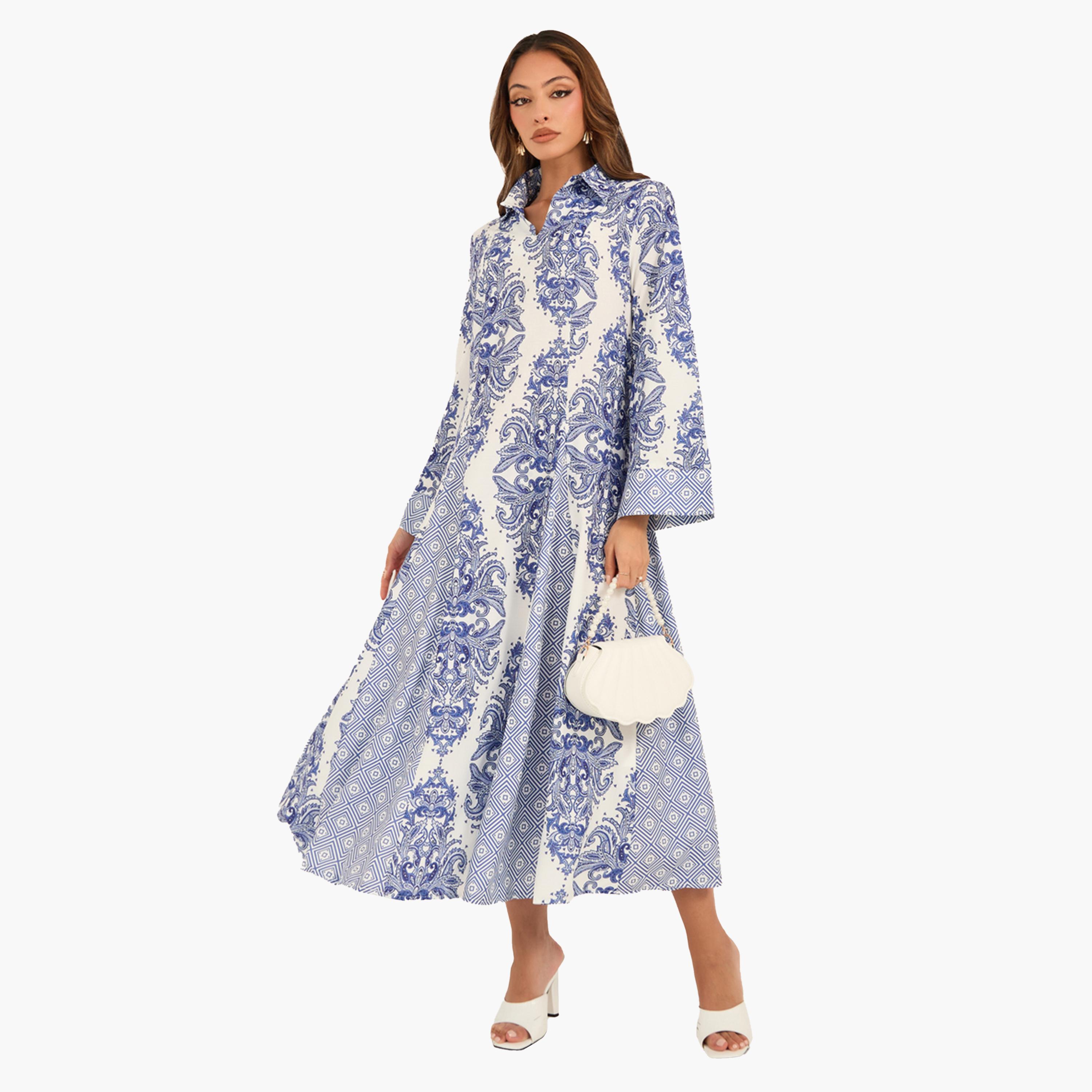 Styli All-Over Print Collared Flared Jalabiya-women-arabicclothing-jalabiyas-image-1