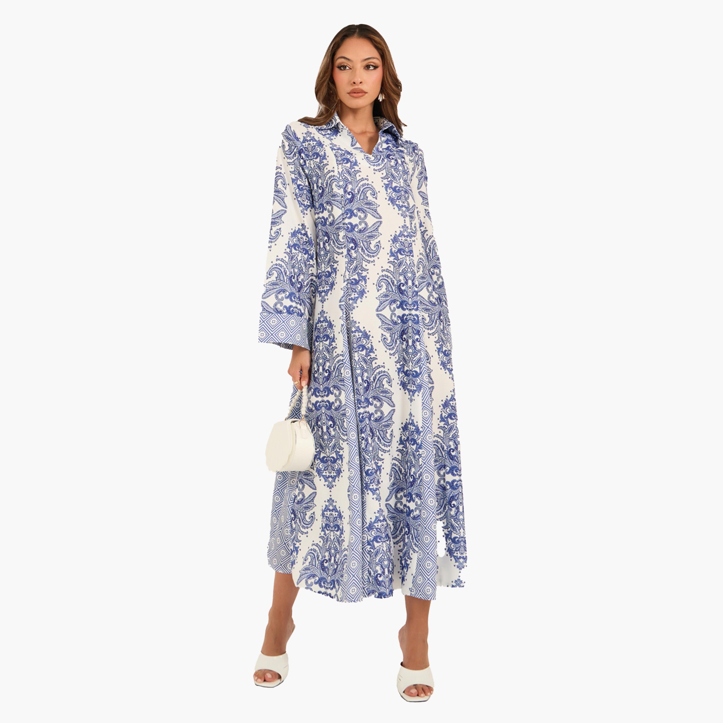 Styli All-Over Print Collared Flared Jalabiya-women-arabicclothing-jalabiyas-image-2