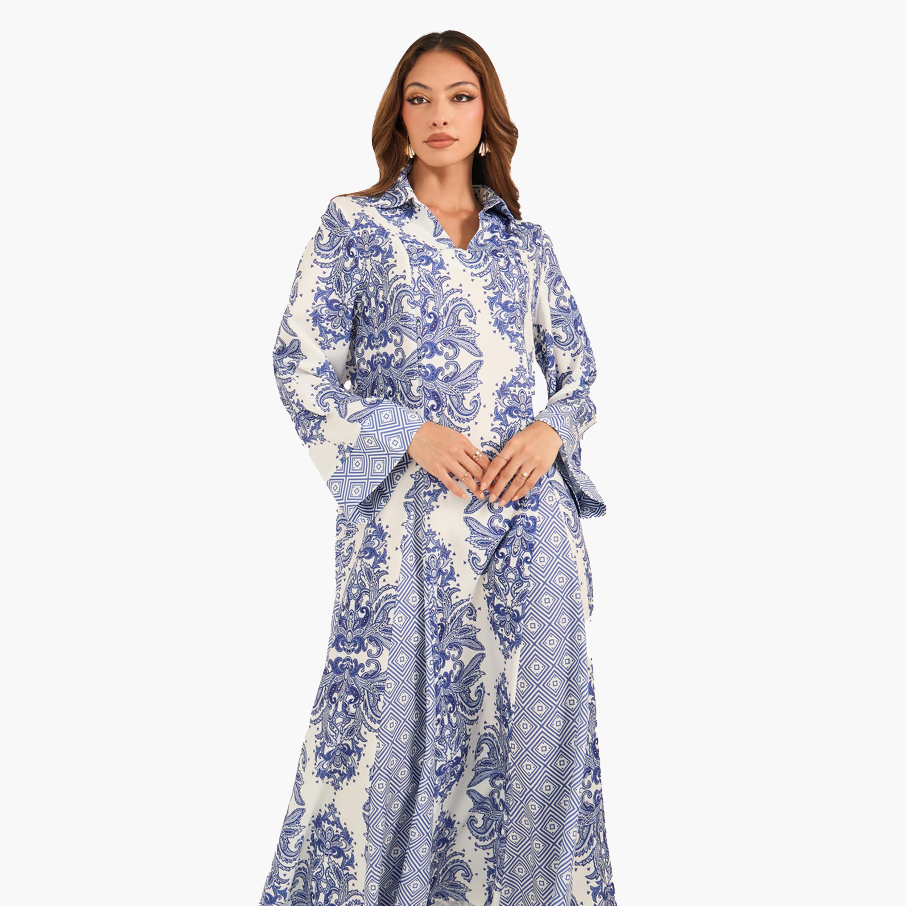Styli All-Over Print Collared Flared Jalabiya-women-arabicclothing-jalabiyas-image-3