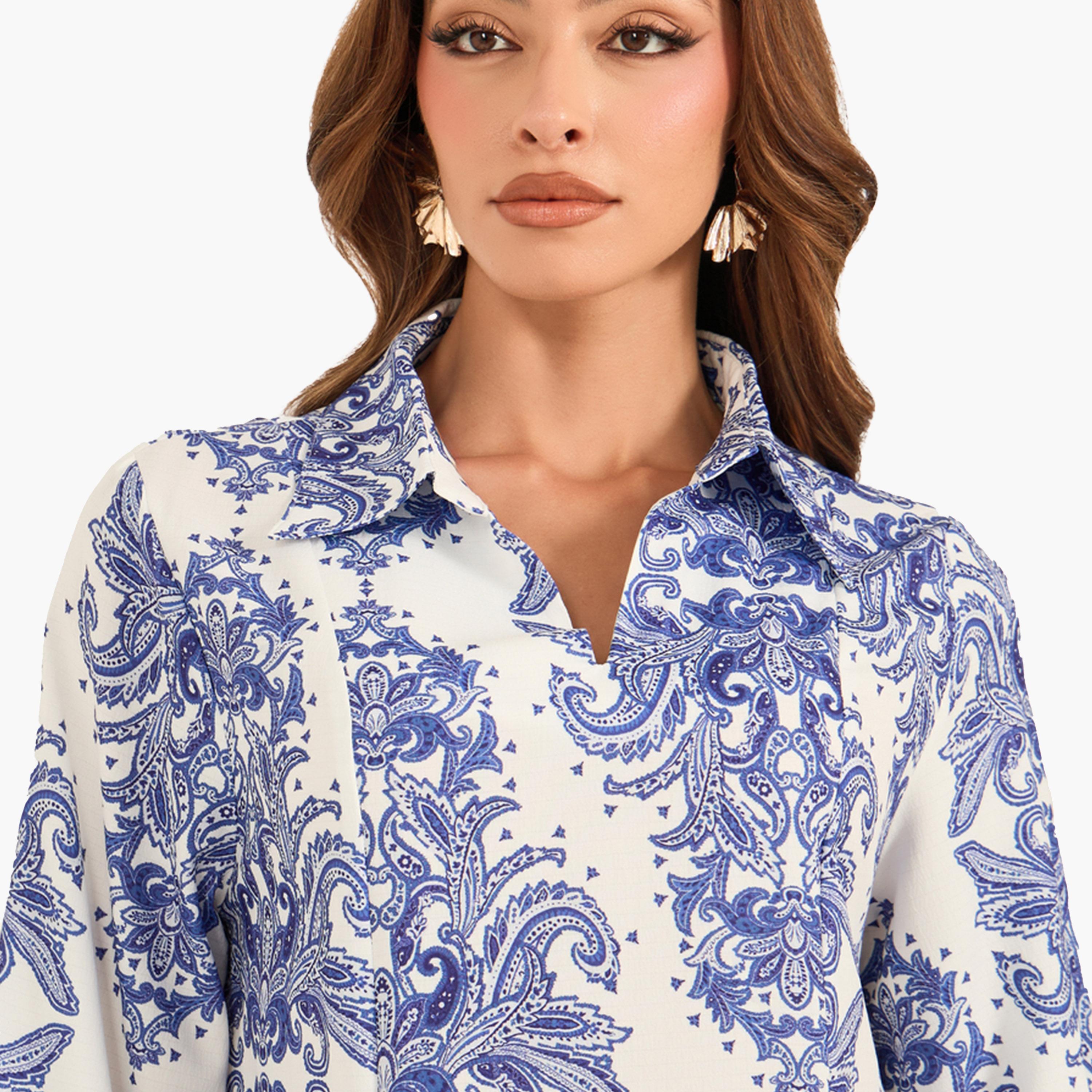 Styli All-Over Print Collared Flared Jalabiya-women-arabicclothing-jalabiyas-image-4
