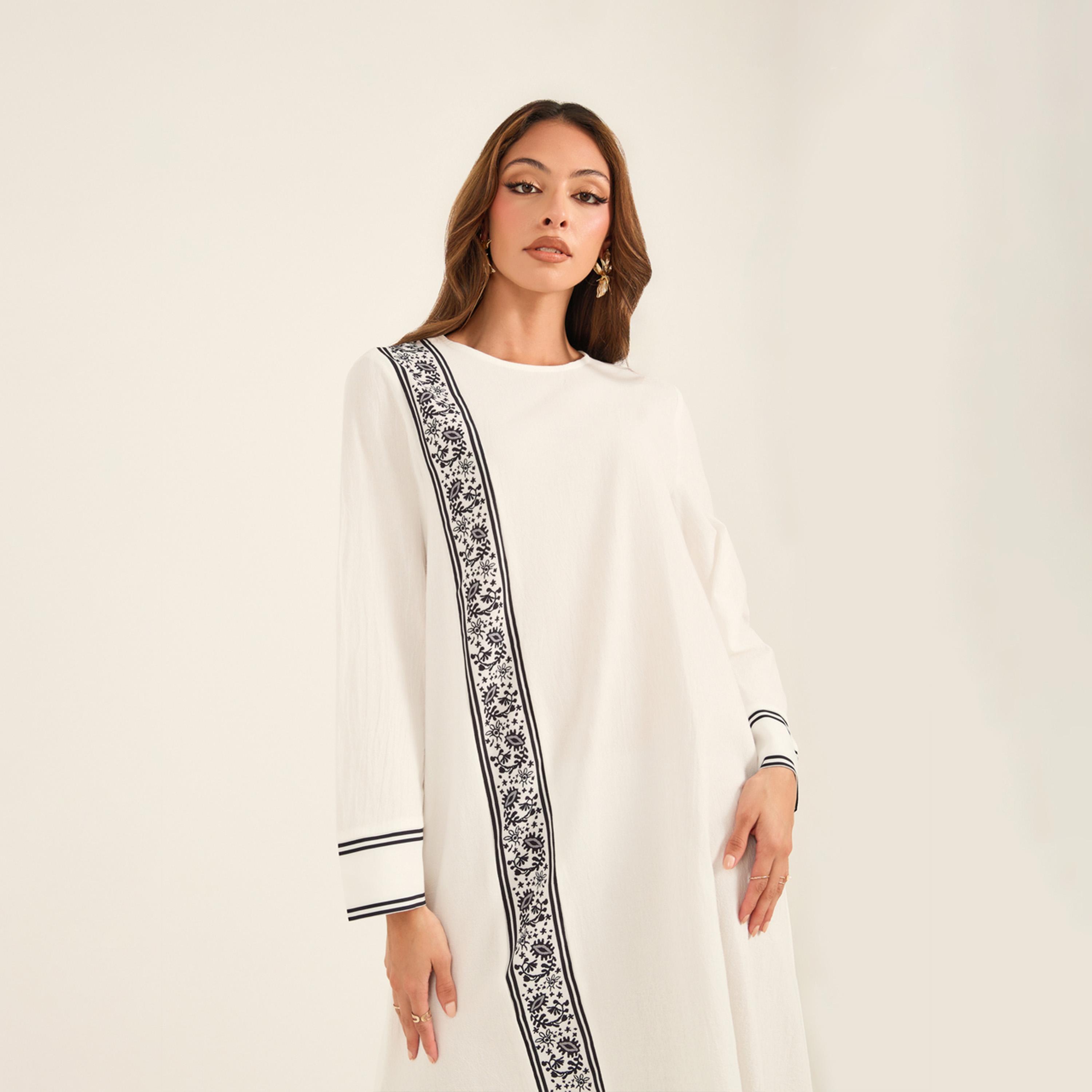 KL X Styli Textured Floral Printed Panel Round Neck Jalabiya-women-arabicclothing-jalabiyas-image-3