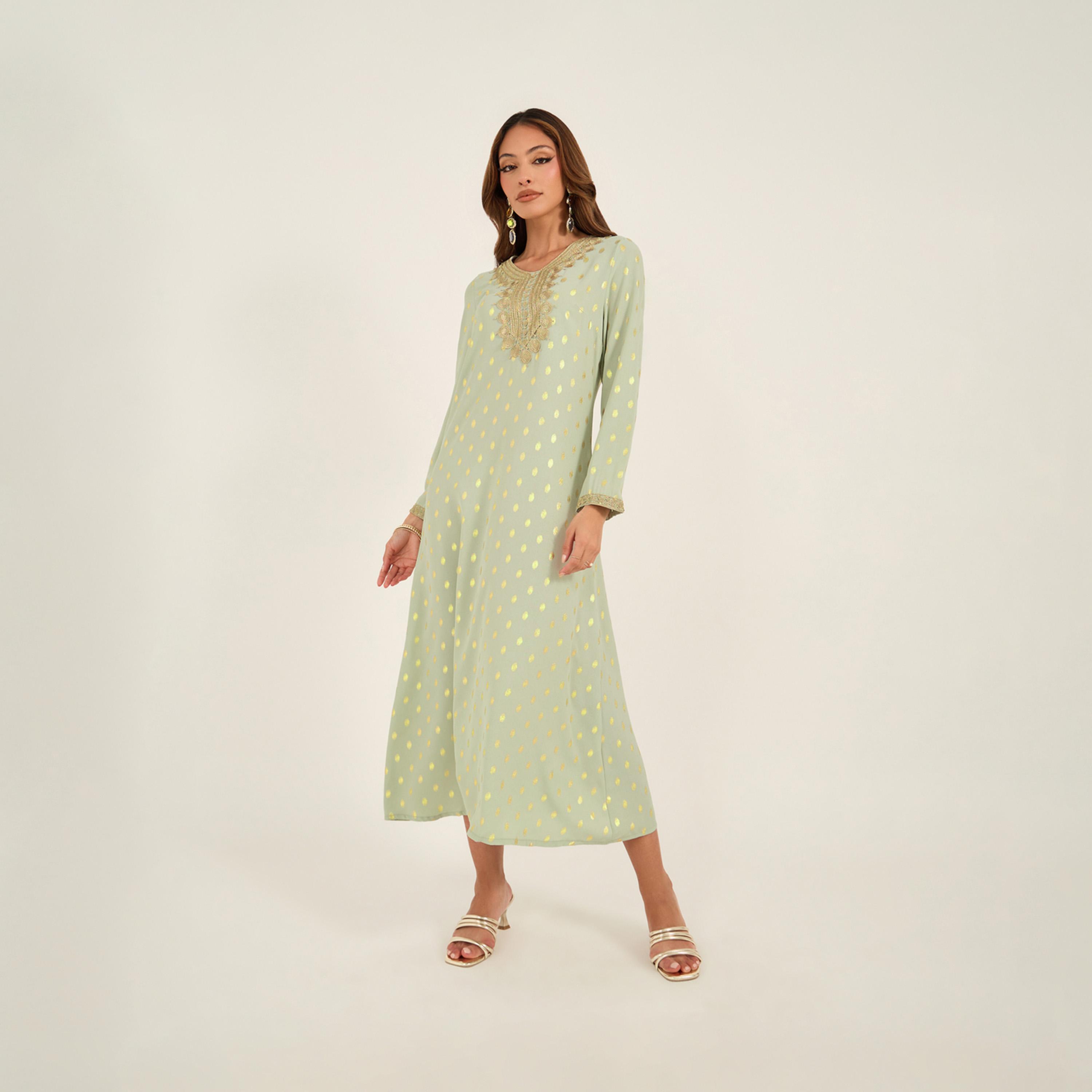 كي ال × ستايلي - قفطان بطبعة فويل مع تفاصيل دانتيل ورقبة دائرية-women-arabicclothing-jalabiyas-image-2