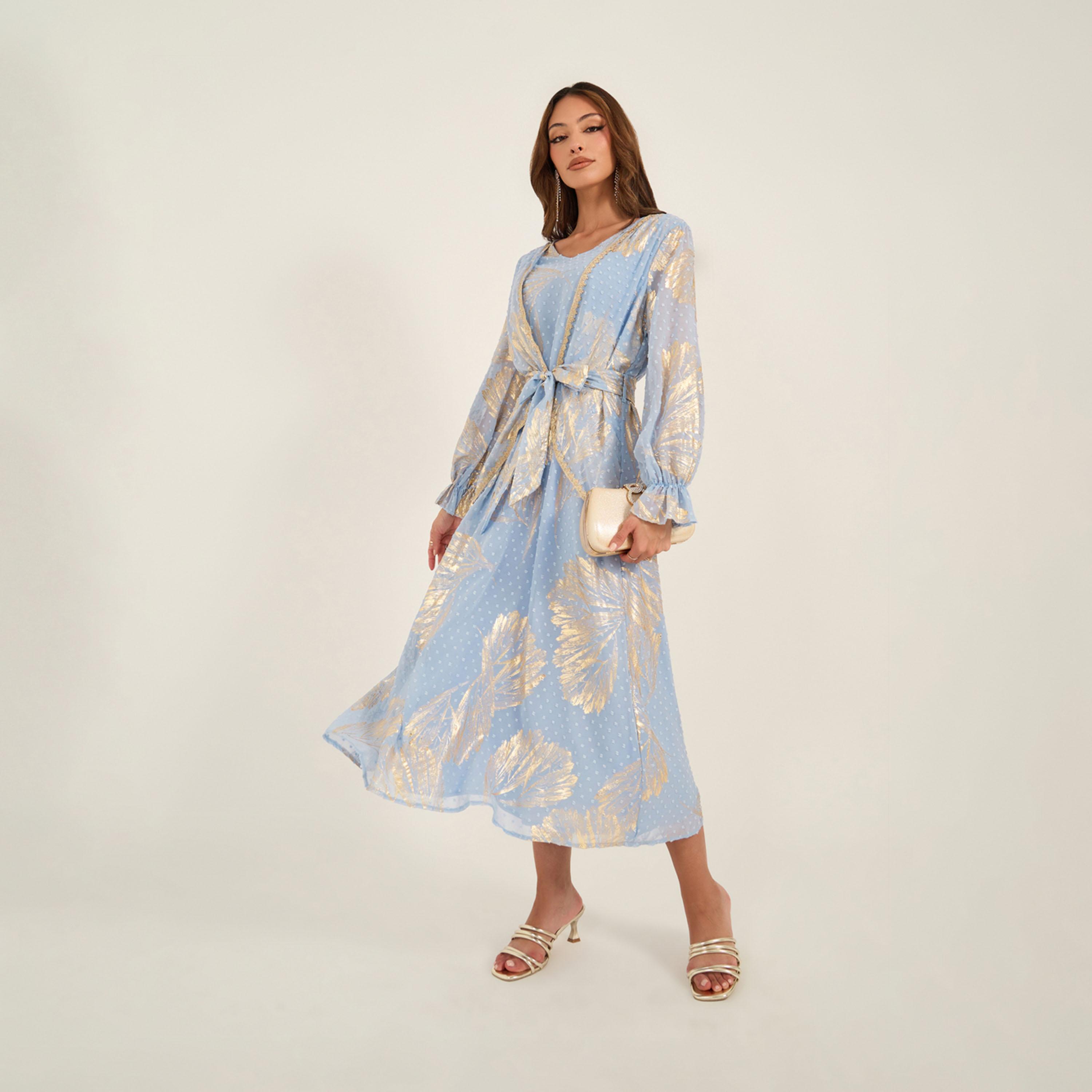 KL X Styli Textured Dobby Foil Print Front Tie-Up Abaya-women-clothing-dresses-image-1
