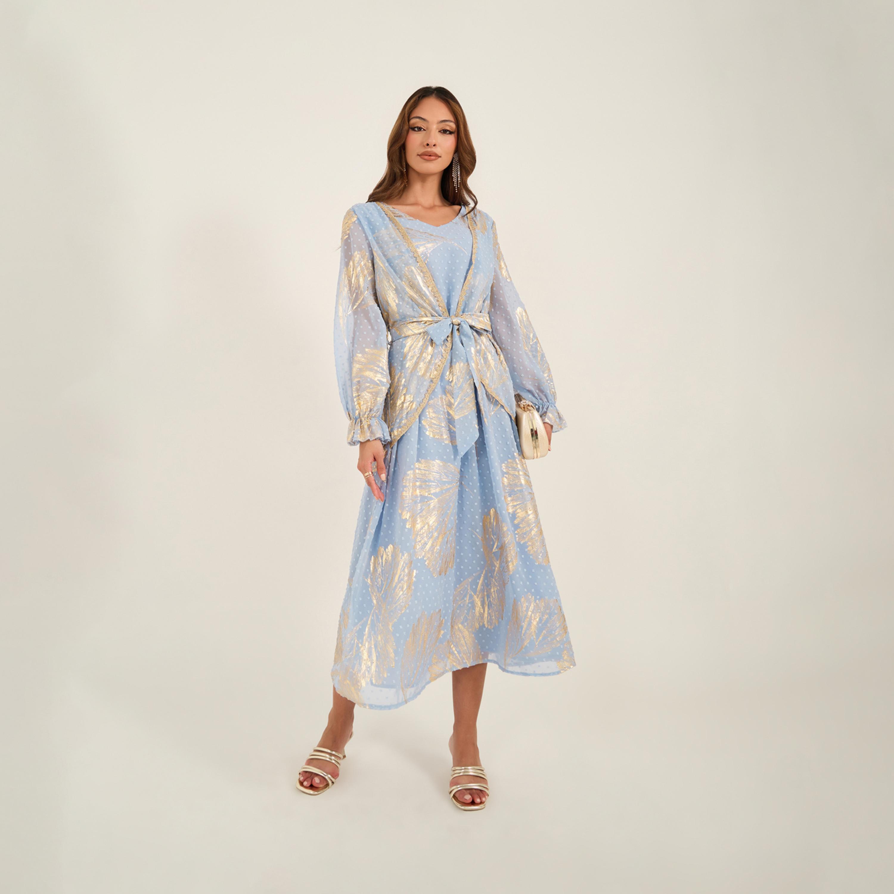 KL X Styli Textured Dobby Foil Print Front Tie-Up Abaya-women-clothing-dresses-image-2