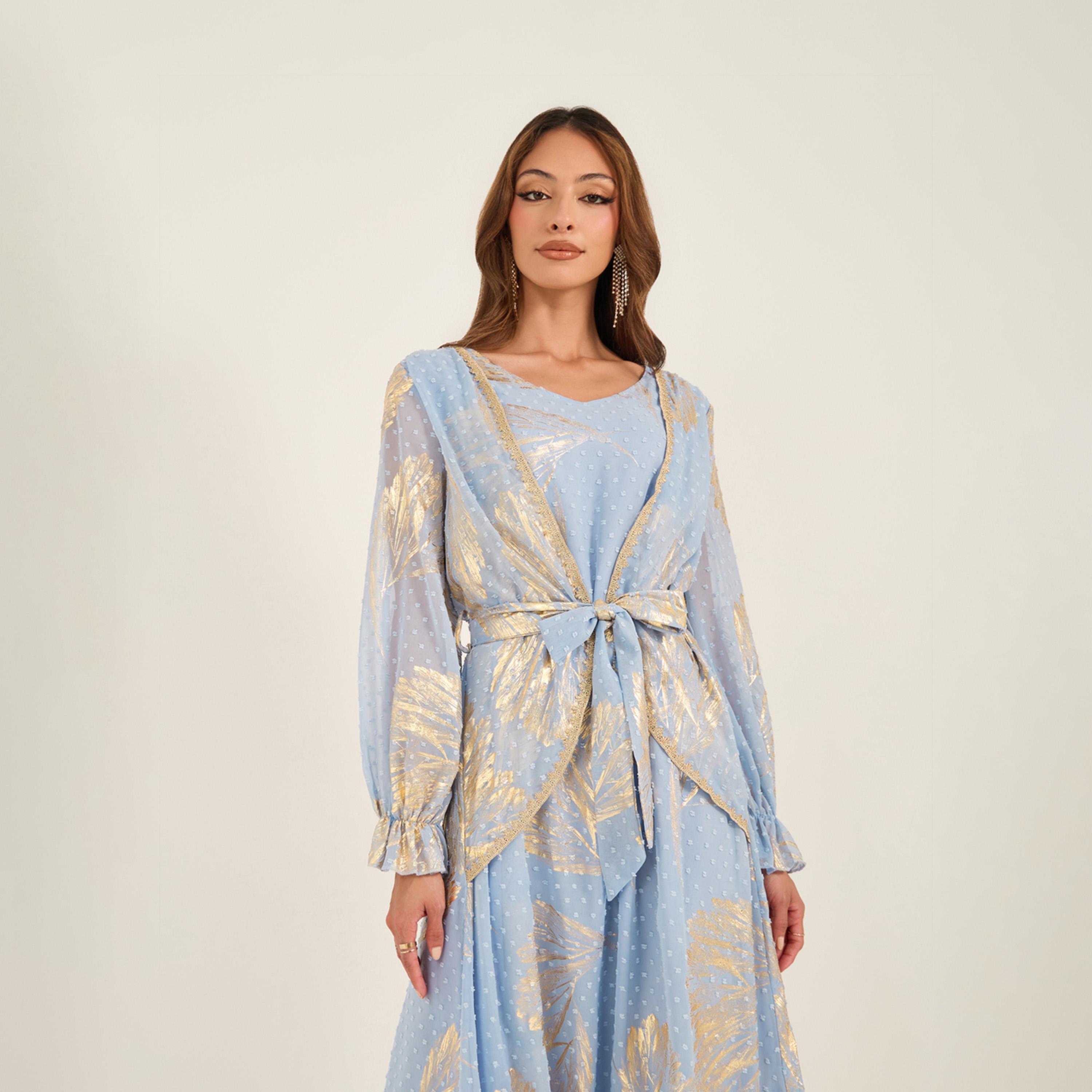 KL X Styli Textured Dobby Foil Print Front Tie-Up Abaya-women-clothing-dresses-image-3