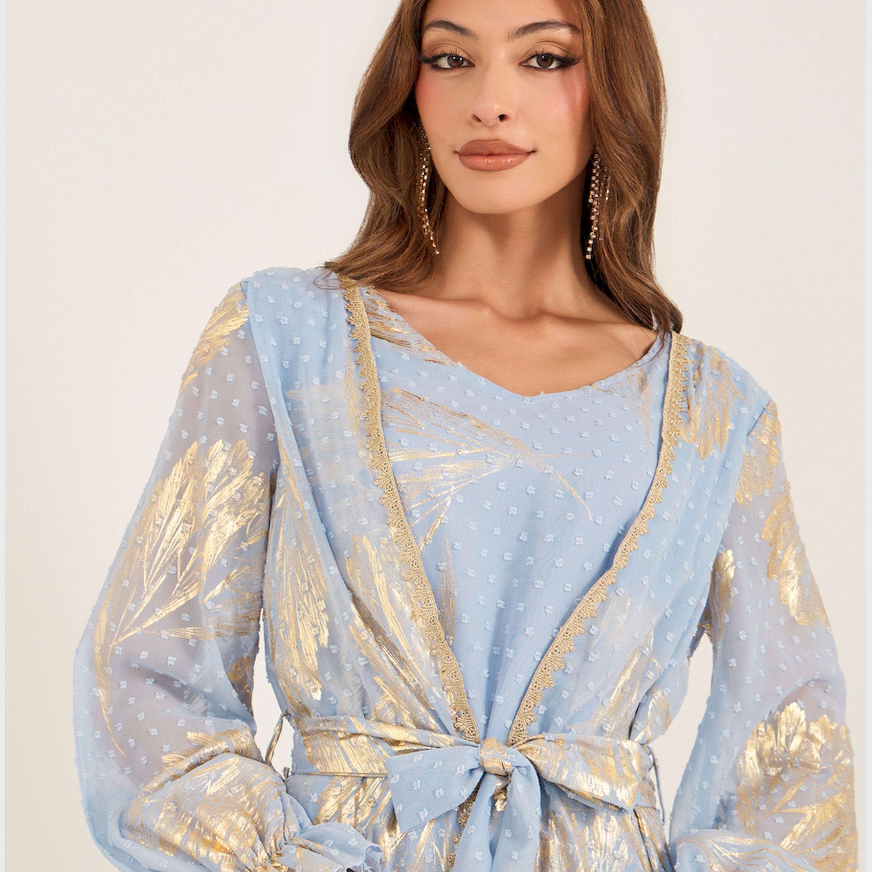 KL X Styli Textured Dobby Foil Print Front Tie-Up Abaya-women-clothing-dresses-image-4