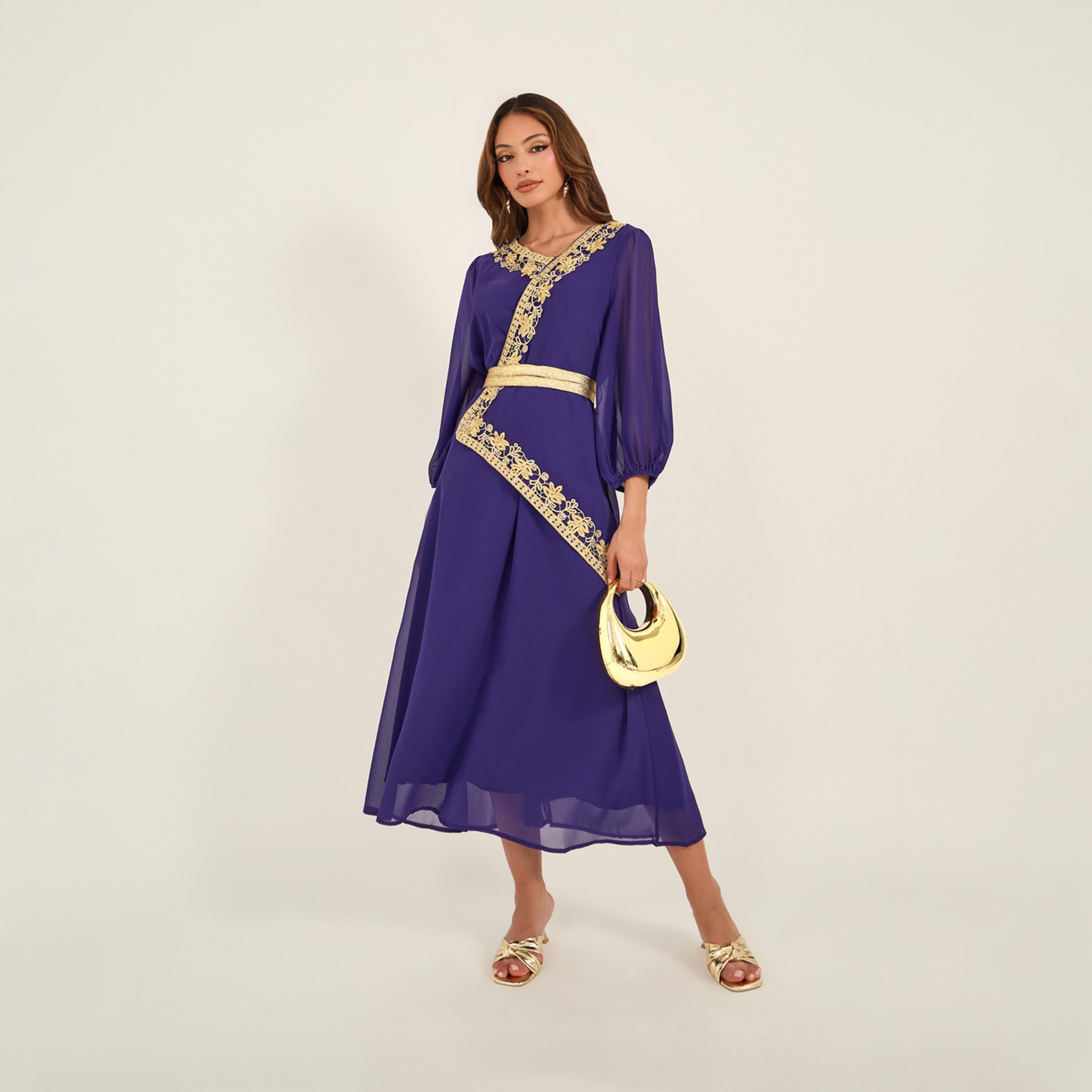 KL X Styli Lace Insert Balloon Sleeve V-Neck Midi Dress-women-clothing-dresses-image-1