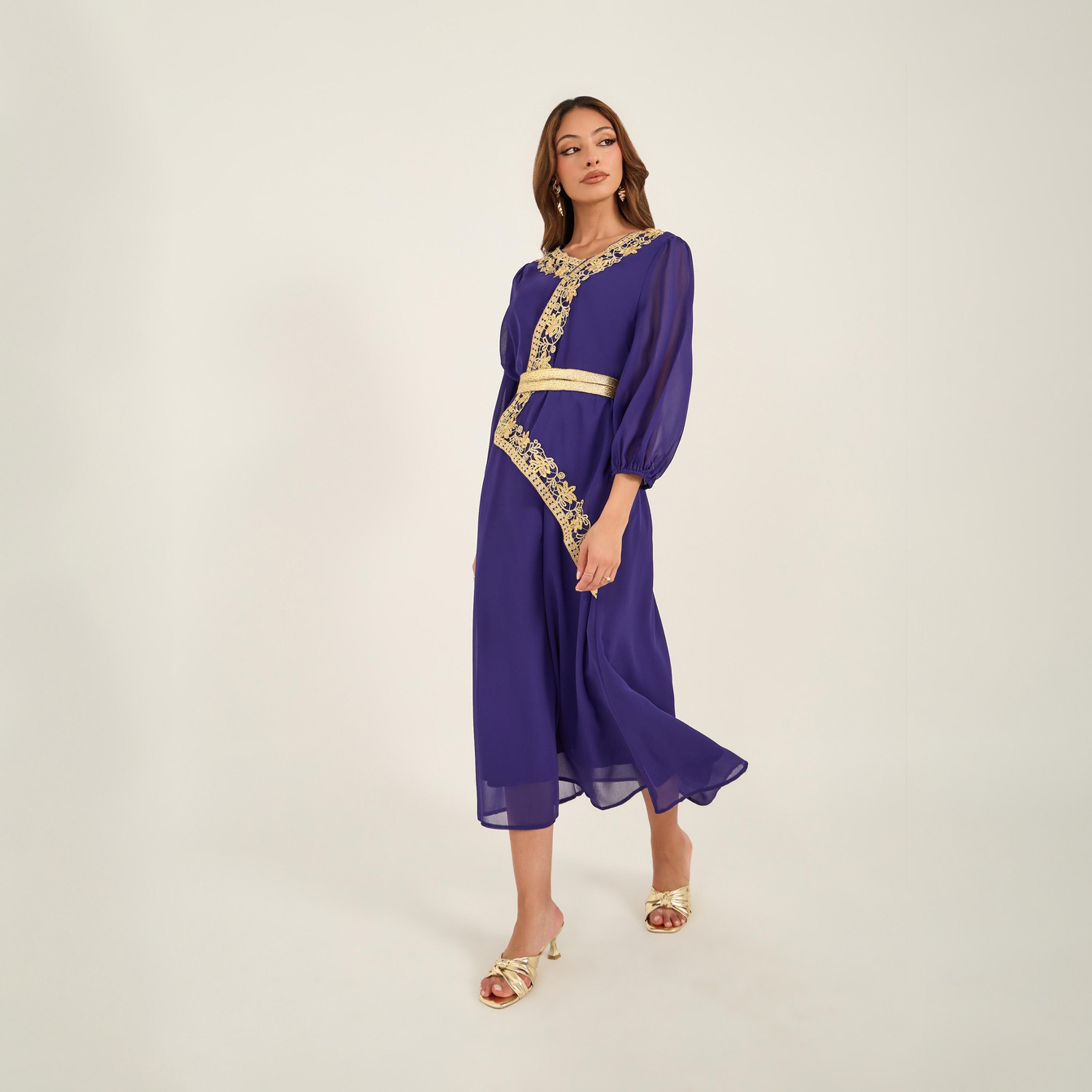 KL X Styli Lace Insert Balloon Sleeve V-Neck Midi Dress-women-clothing-dresses-image-2