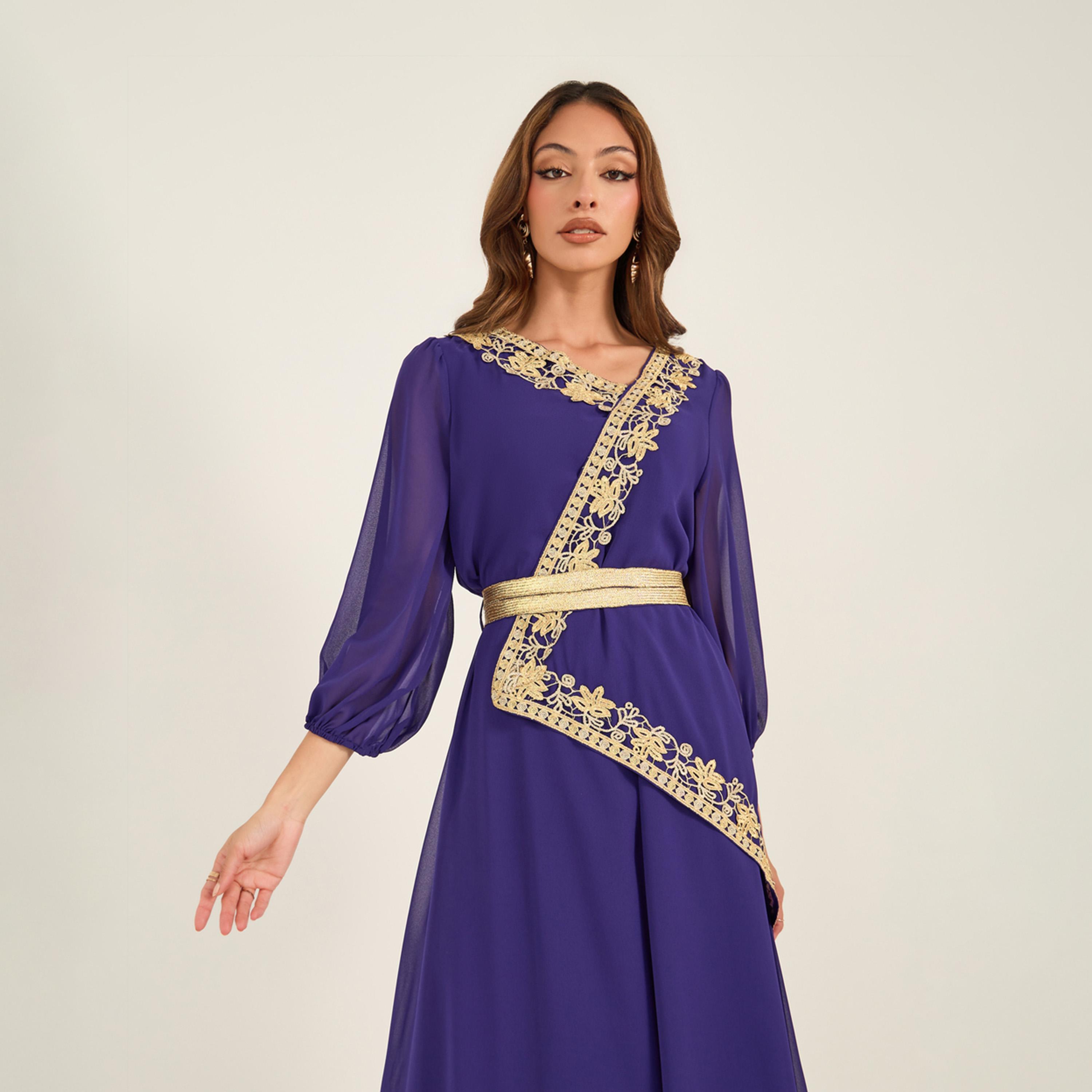 KL X Styli Lace Insert Balloon Sleeve V-Neck Midi Dress-women-clothing-dresses-image-3