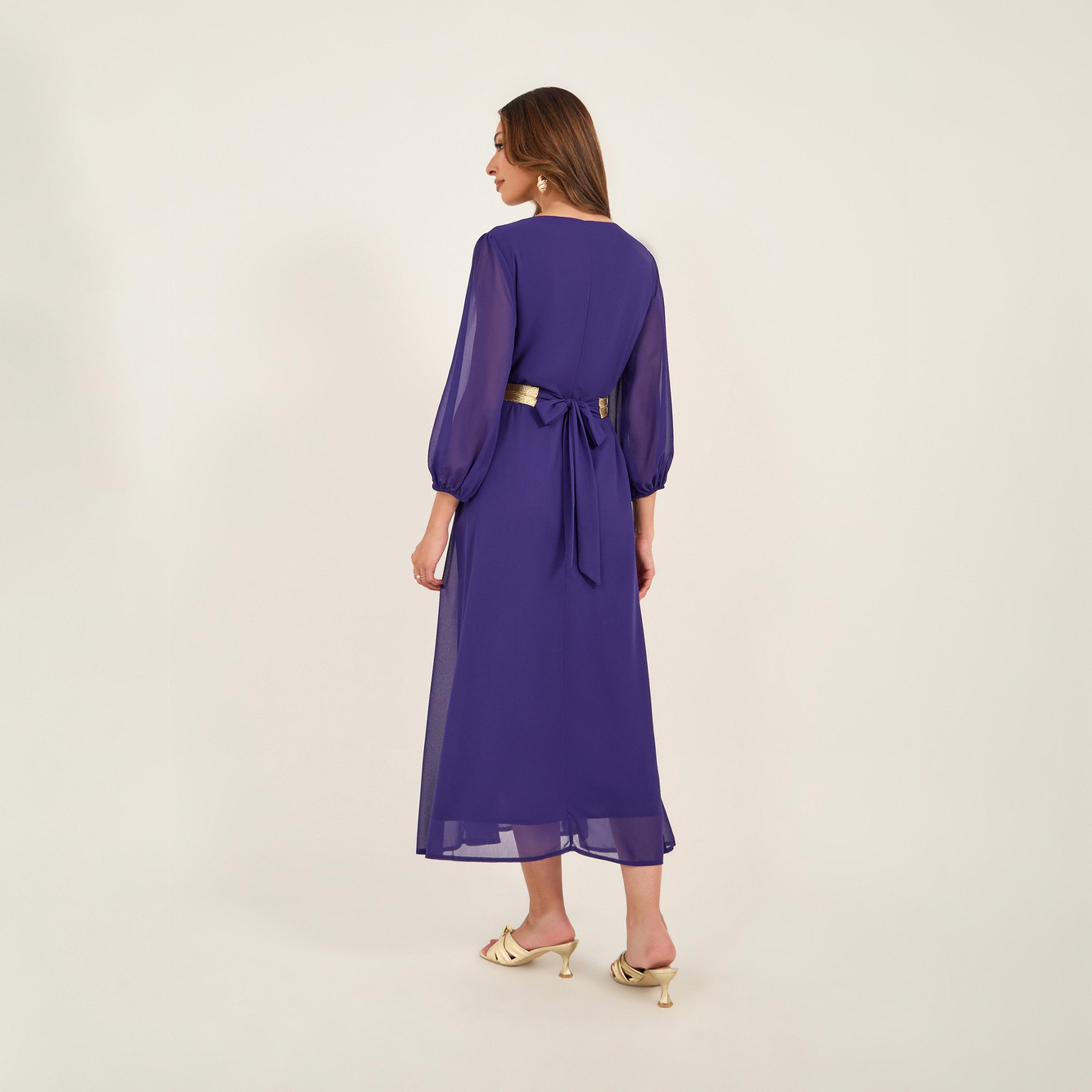 KL X Styli Lace Insert Balloon Sleeve V-Neck Midi Dress-women-clothing-dresses-image-5