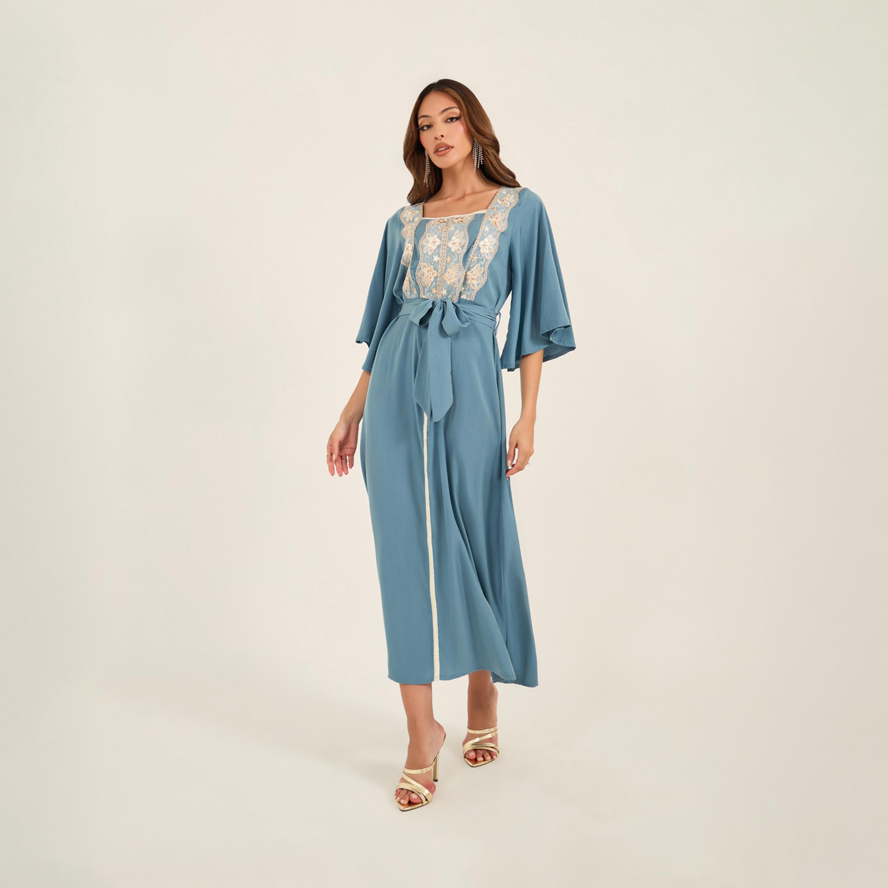 KL X Styli Embroidered Lace Insert Square Neck Jalabiya-women-arabicclothing-jalabiyas-image-2