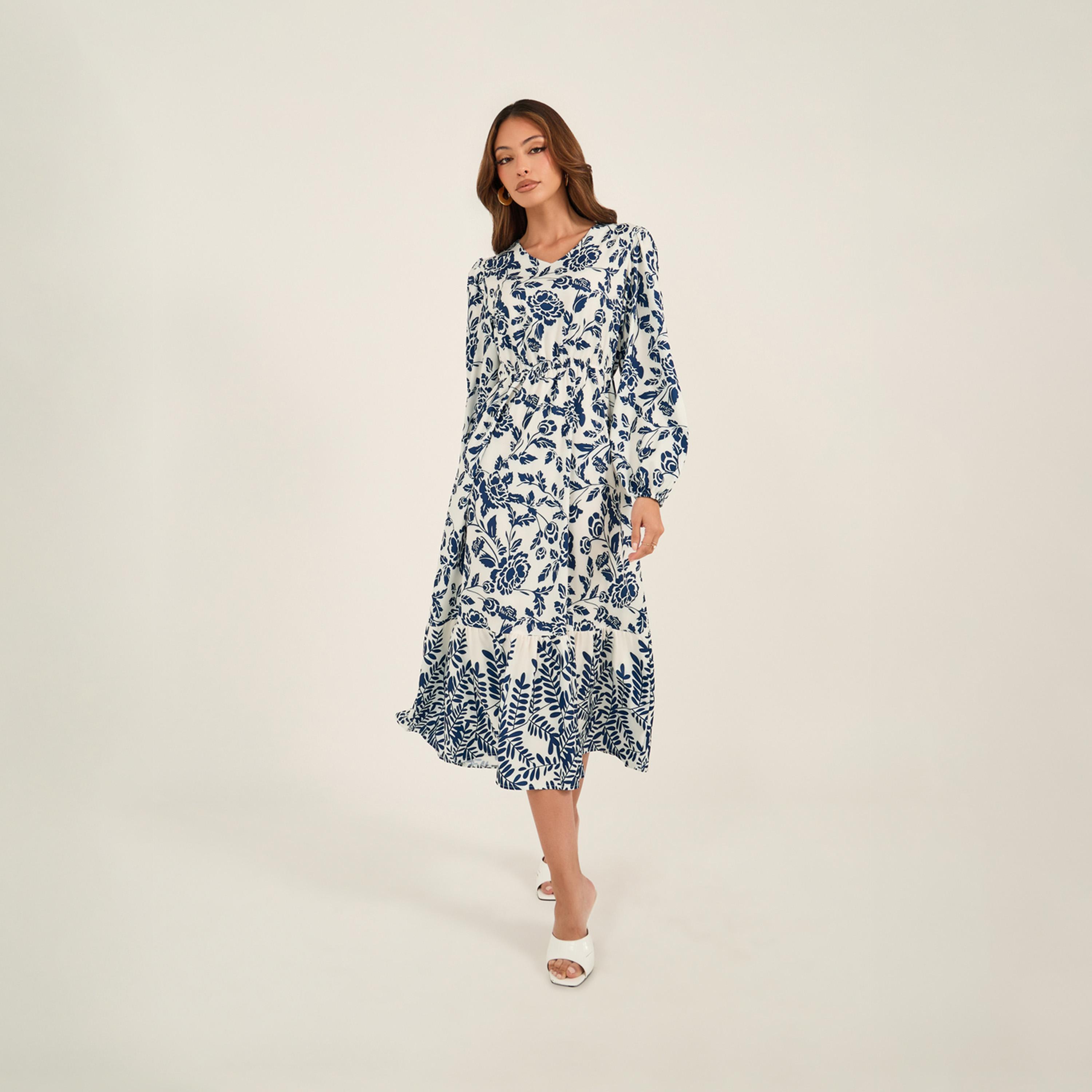 KL X Styli Floral Print V-Neck Midi Dress With Ruffled Hem-women-clothing-dresses-image-1
