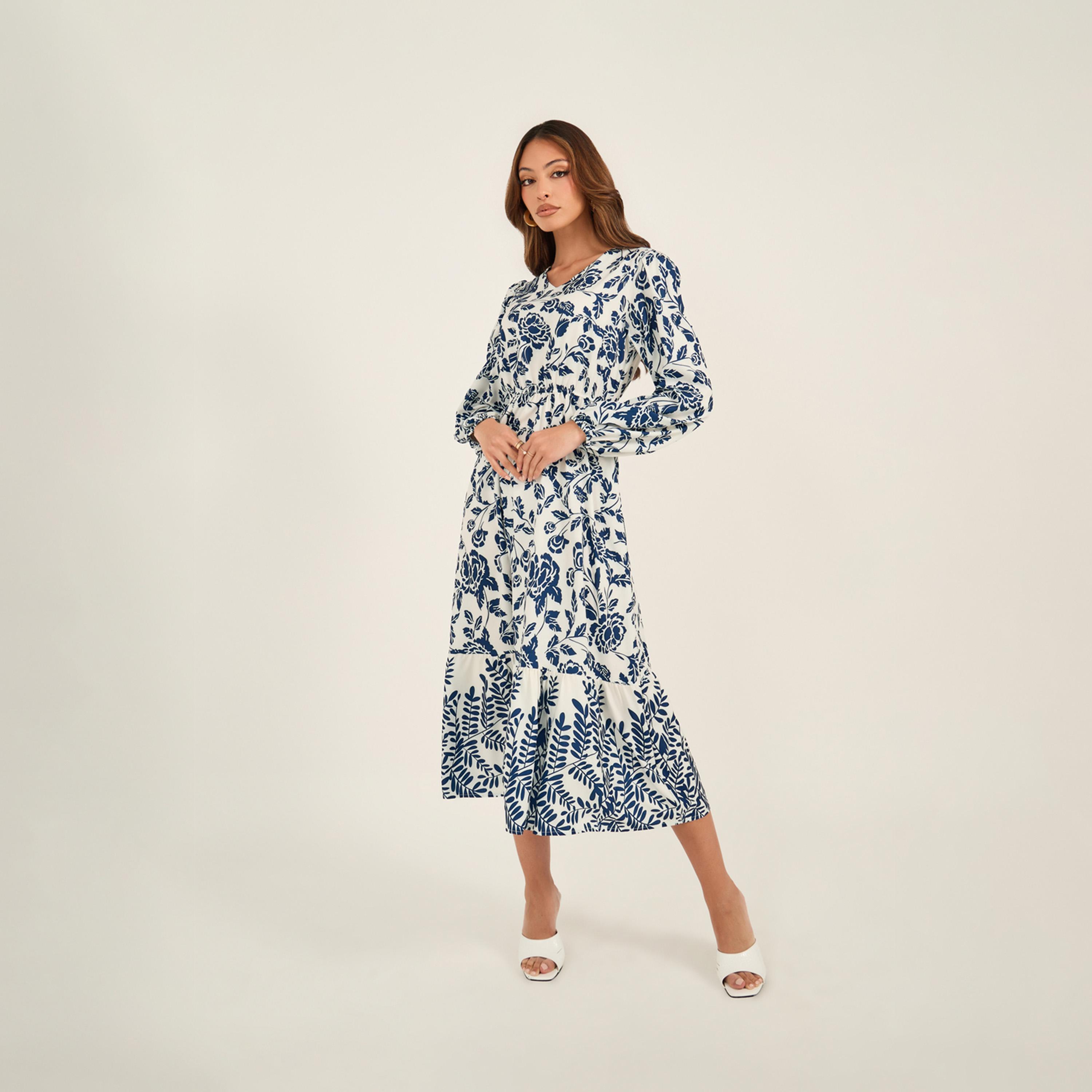 KL X Styli Floral Print V-Neck Midi Dress With Ruffled Hem-women-clothing-dresses-image-2