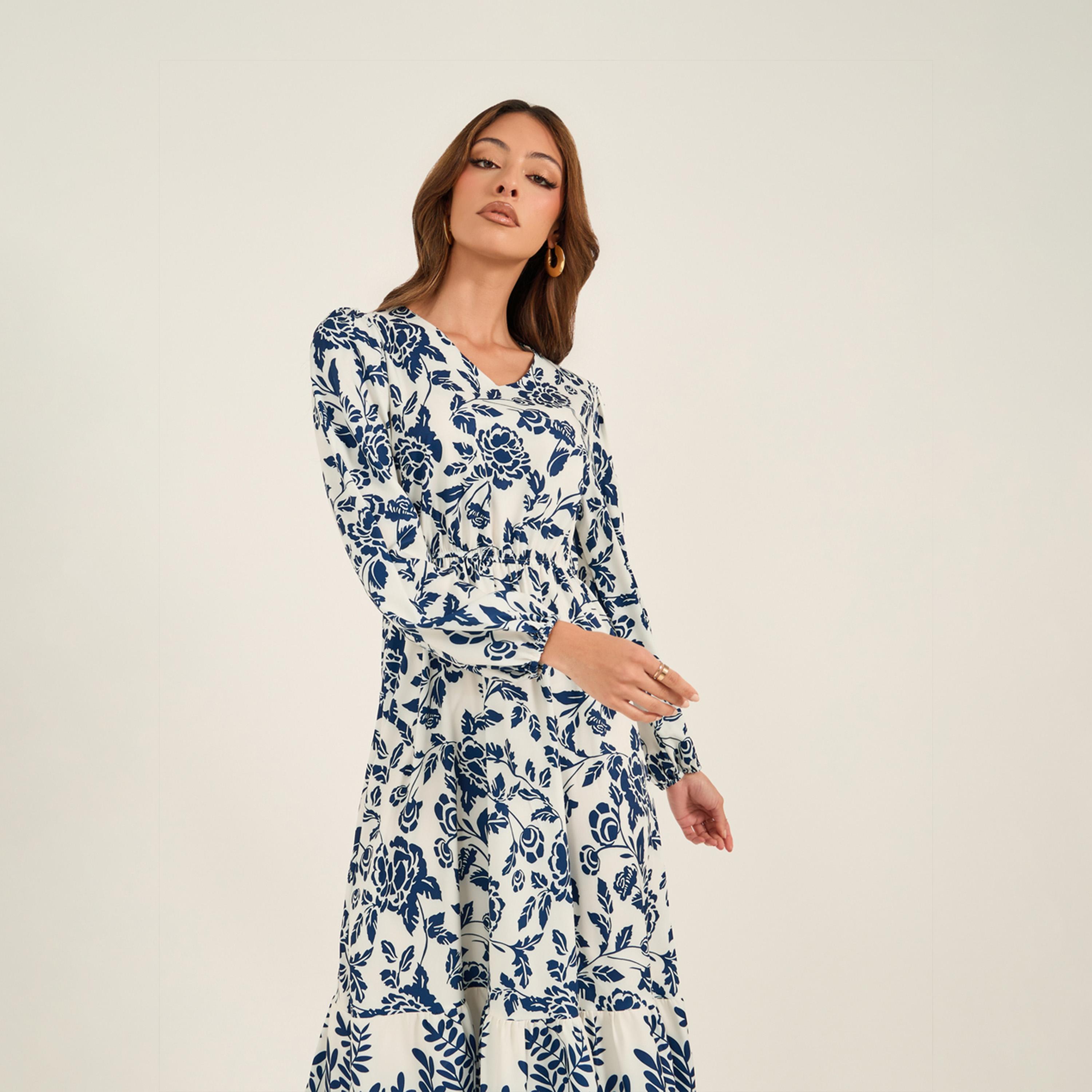KL X Styli Floral Print V-Neck Midi Dress With Ruffled Hem-women-clothing-dresses-image-3