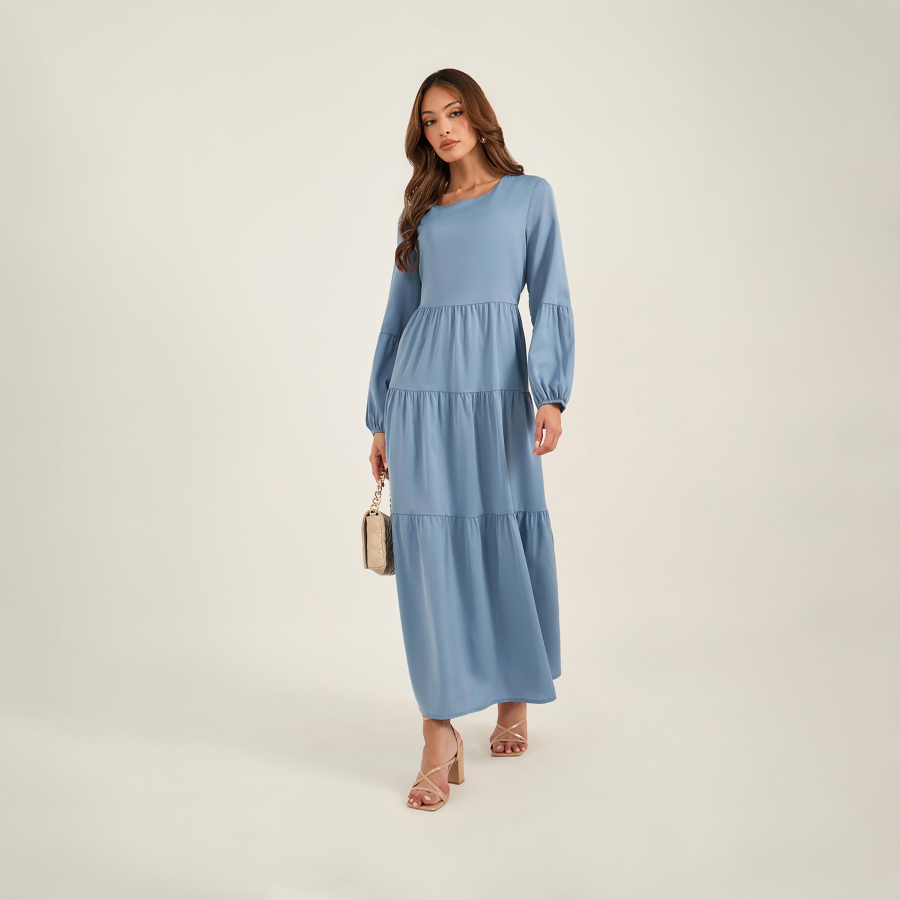 KL X Styli Solid Balloon Sleeve Tiered Maxi Dress-women-clothing-dresses-image-1