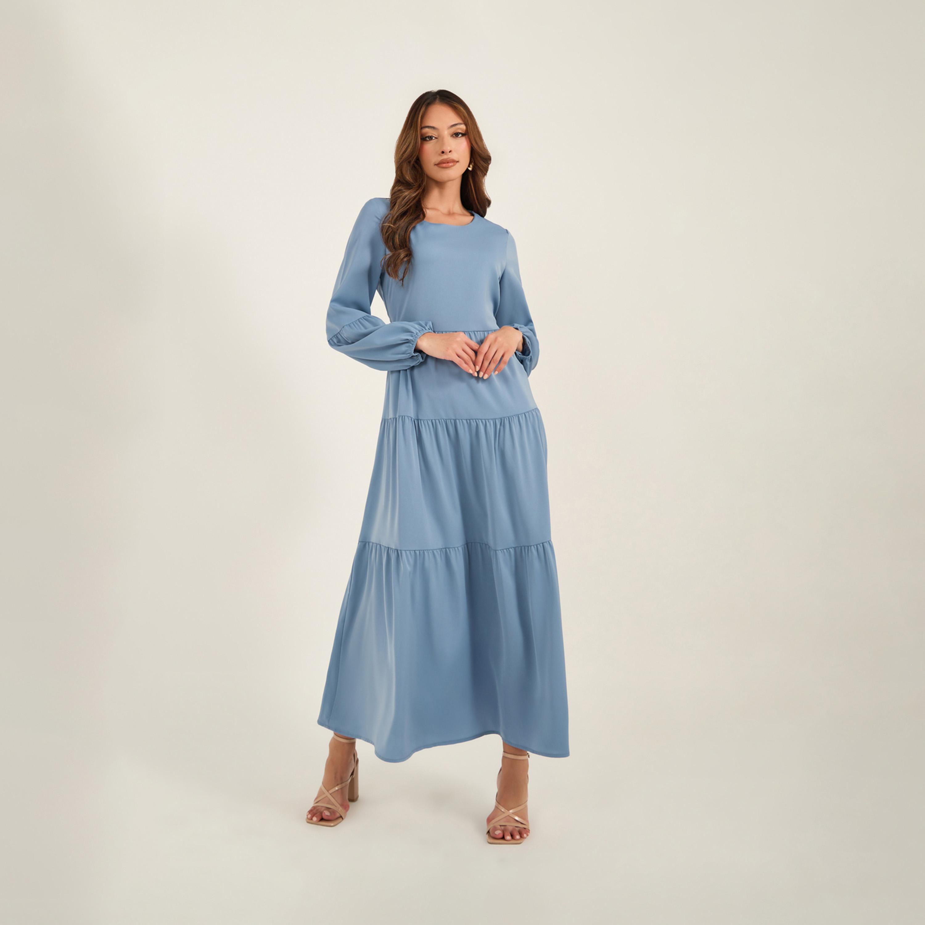 KL X Styli Solid Balloon Sleeve Tiered Maxi Dress-women-clothing-dresses-image-2