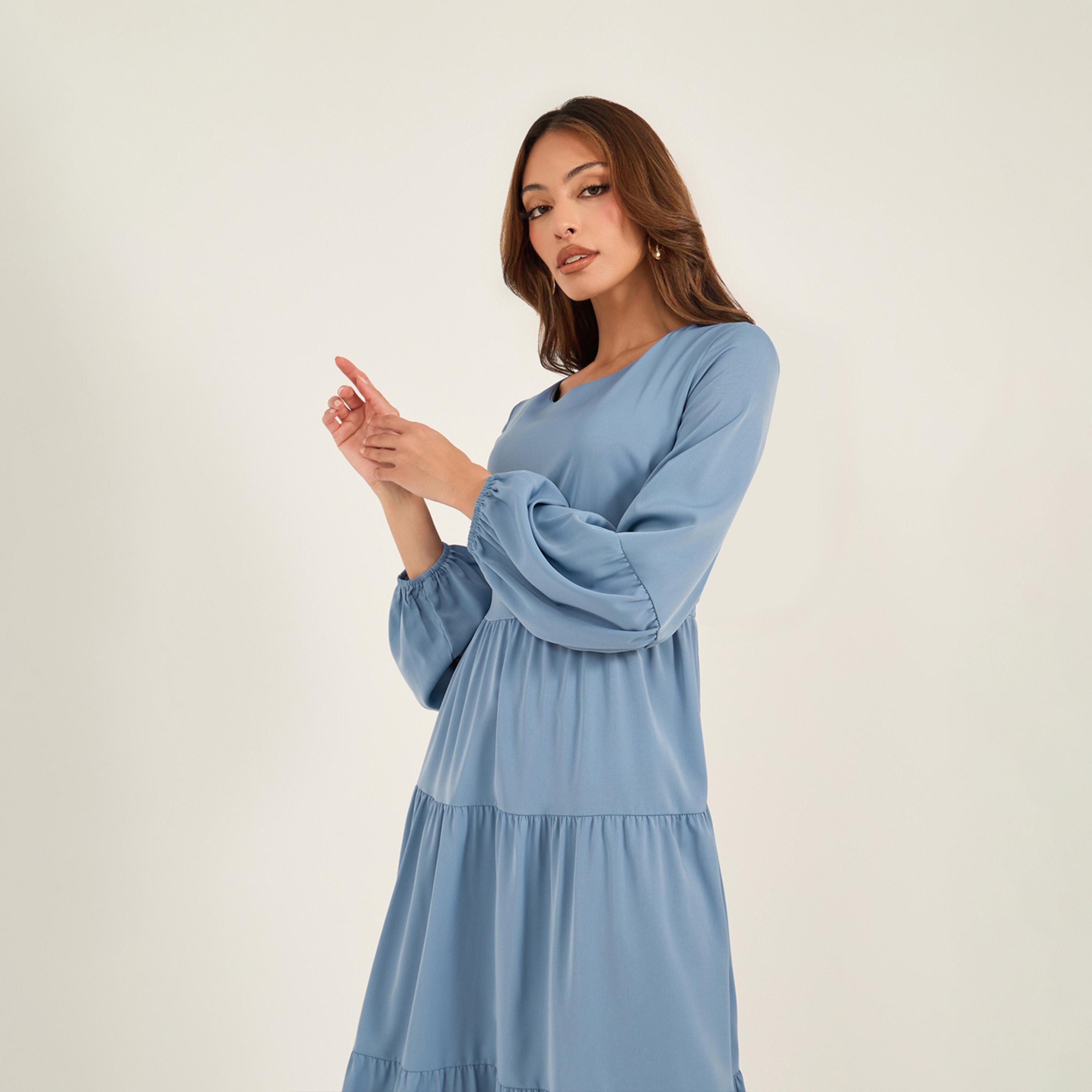KL X Styli Solid Balloon Sleeve Tiered Maxi Dress-women-clothing-dresses-image-3