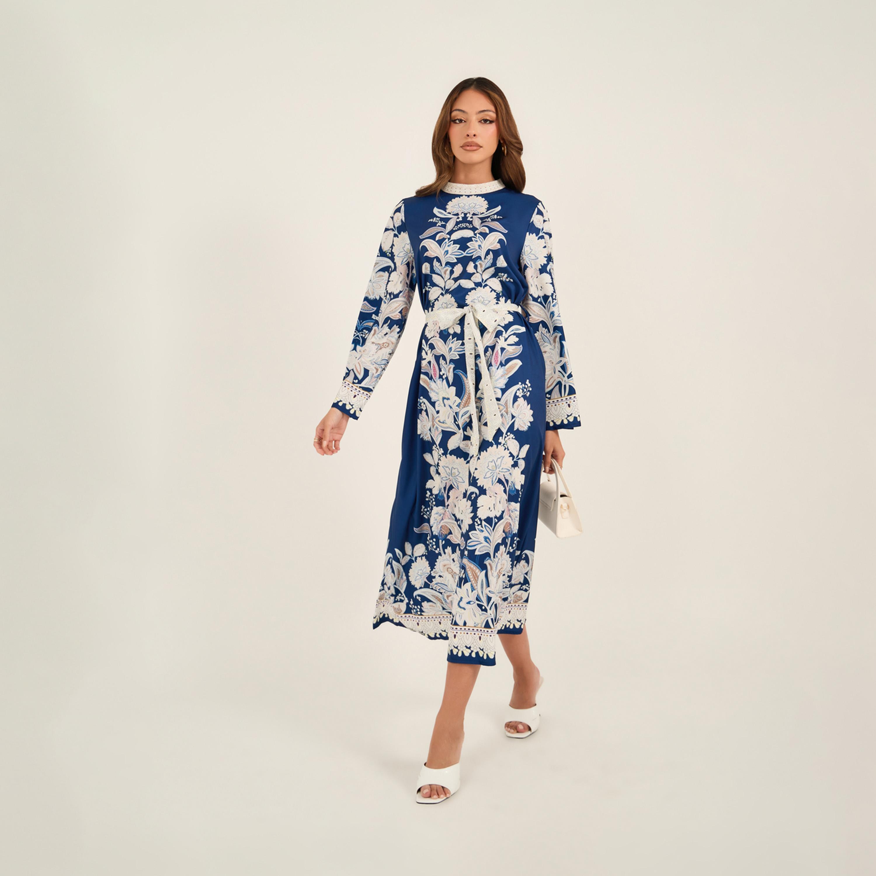 KL X Styli Floral Print High Neck Belted Midi Dress-women-clothing-dresses-image-1