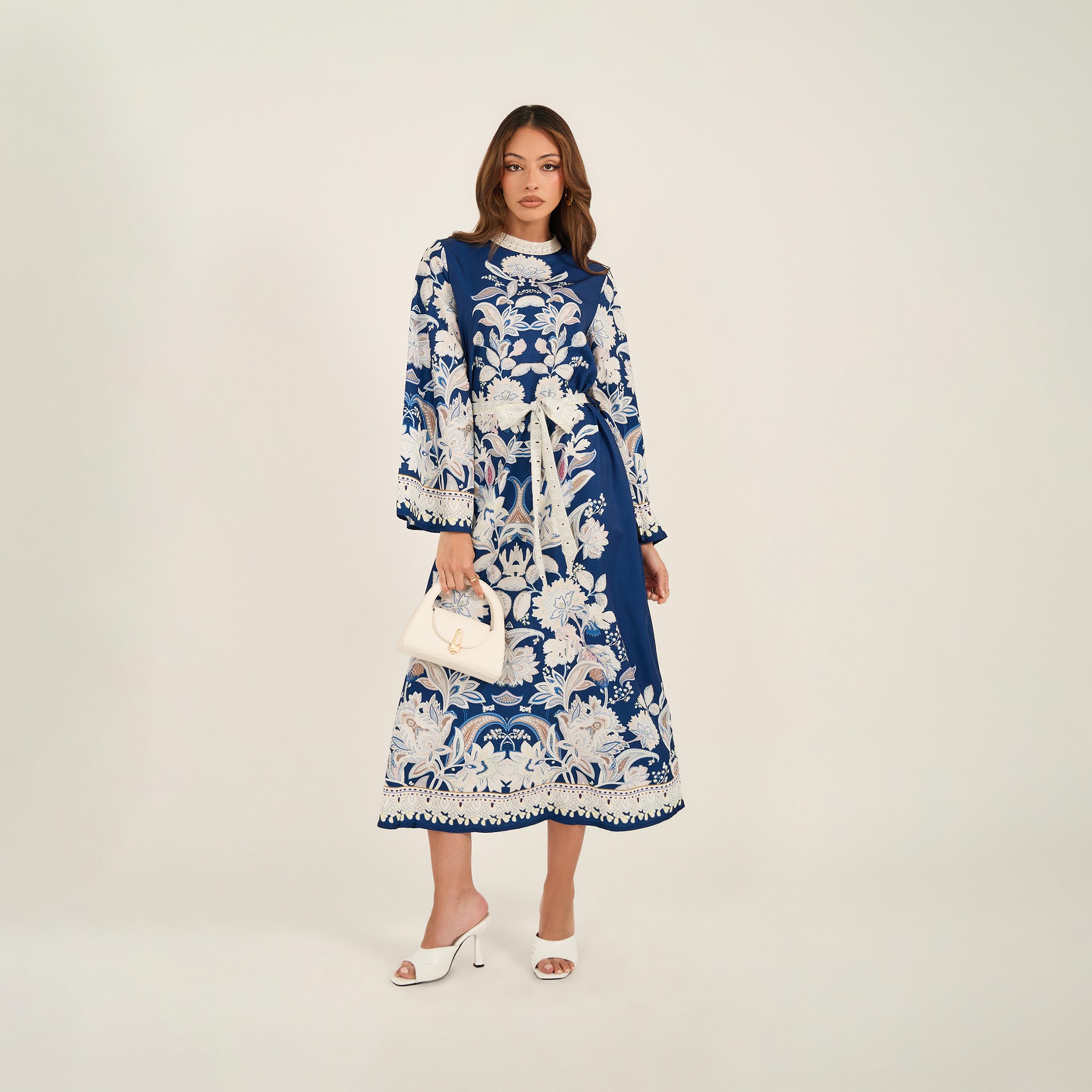 KL X Styli Floral Print High Neck Belted Midi Dress-women-clothing-dresses-image-2