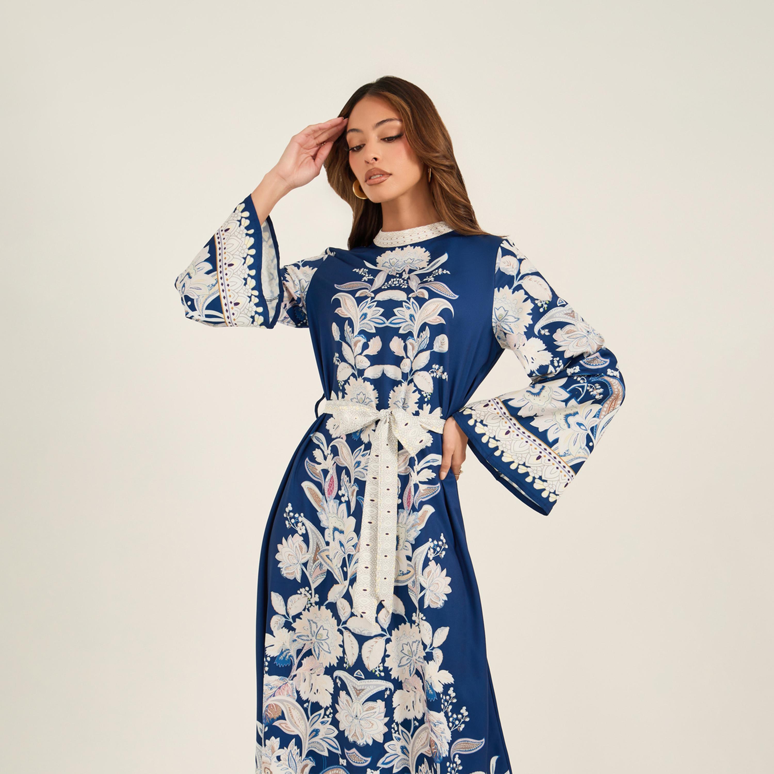 KL X Styli Floral Print High Neck Belted Midi Dress-women-clothing-dresses-image-3